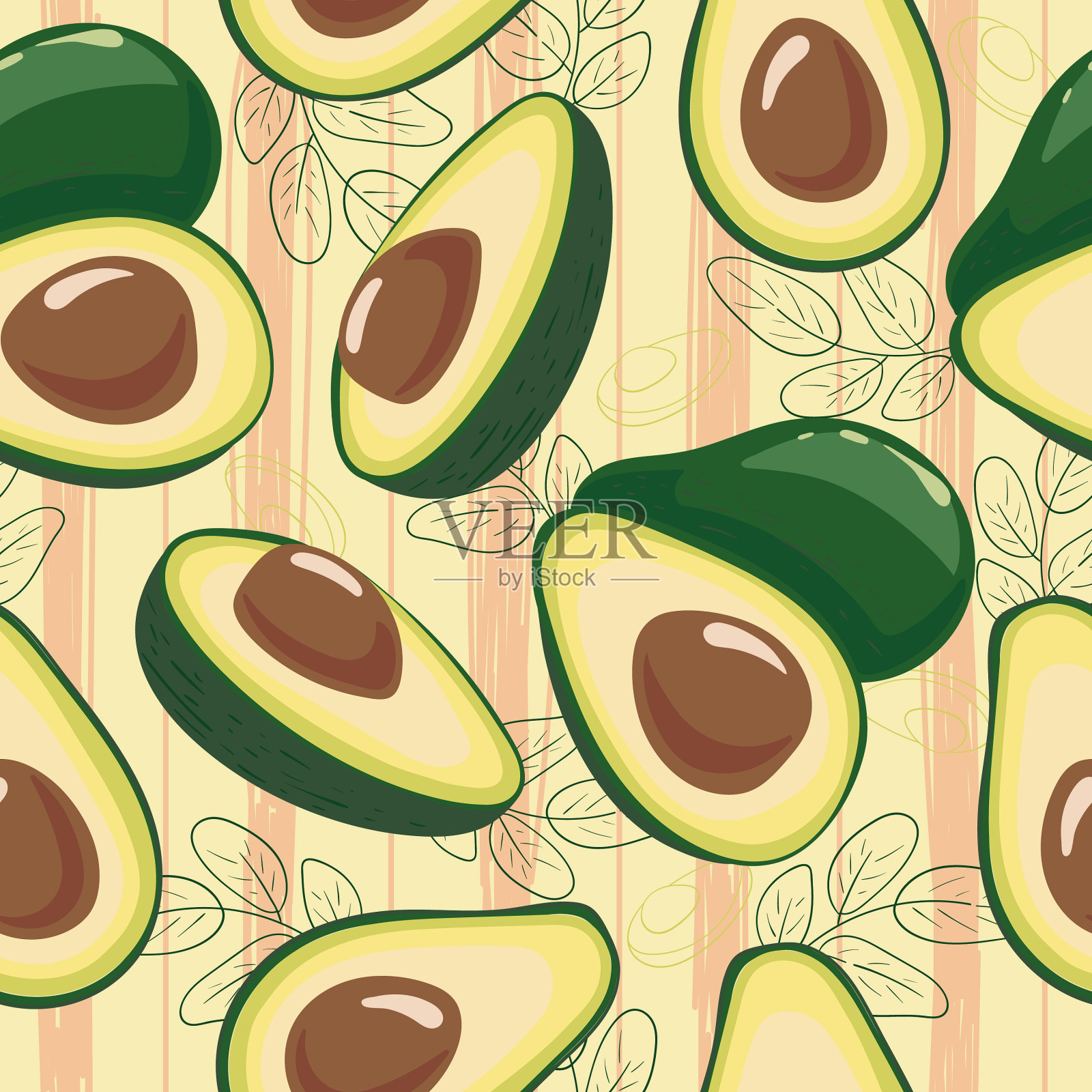 无缝条纹图案与鳄梨水果插画图片素材