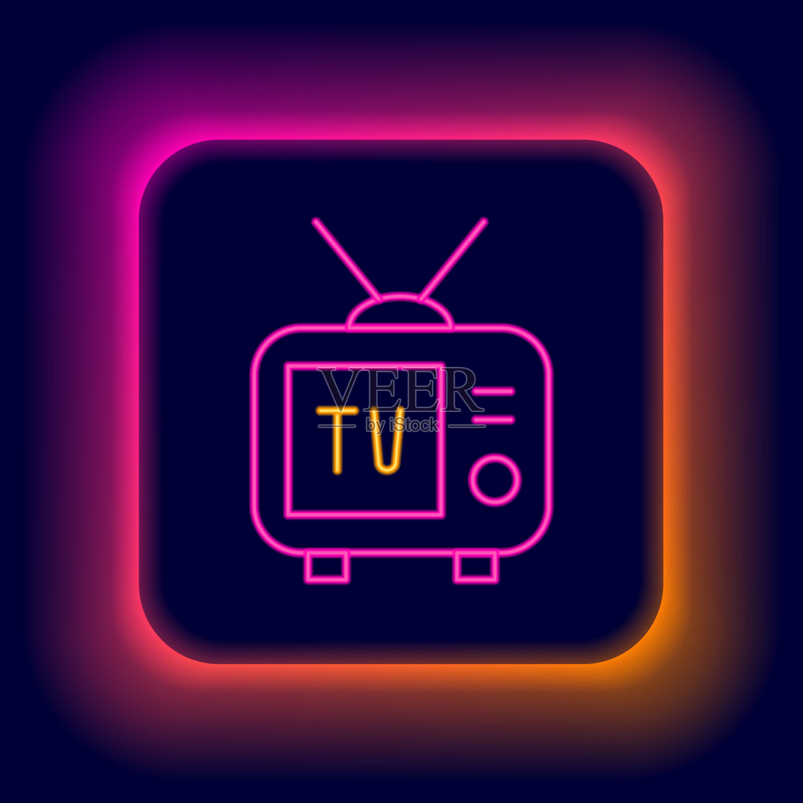 发光的霓虹灯线复古电视图标孤立在黑色插画图片素材