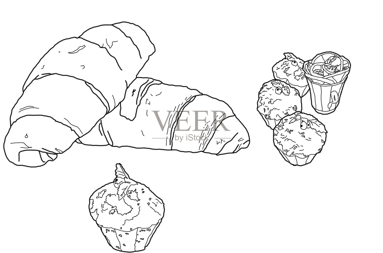 小松饼和牛角面包在白色背景上的草图插画图片素材