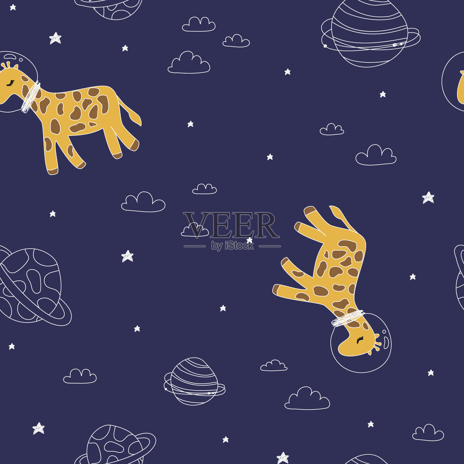 可爱的长颈鹿图案与行星恒星行星插画图片素材