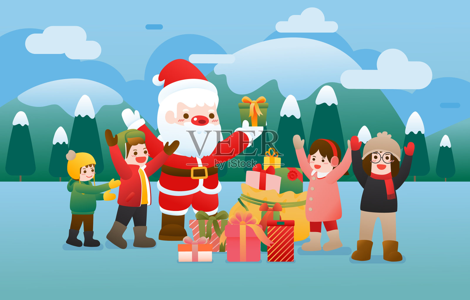 孩子们很高兴在冬天收到礼物插画图片素材