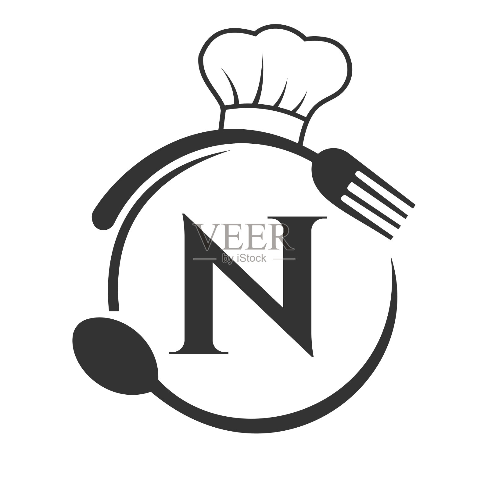 咖啡馆标志，餐厅标志在字母n厨师帽子，勺子和叉子餐厅符号向量模板插画图片素材