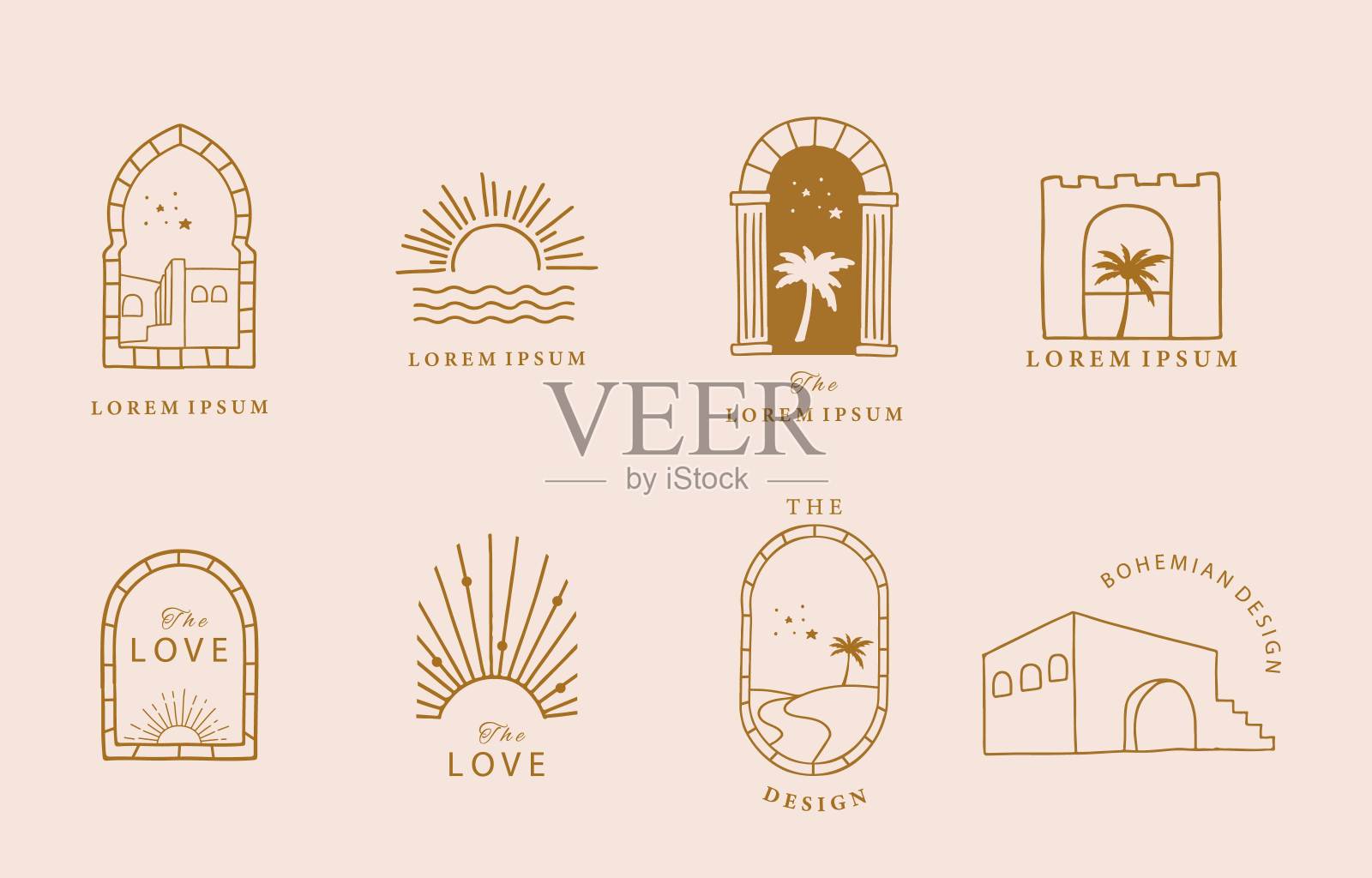 集合了阳光、窗户、建筑的线条设计。可编辑矢量插图的社交媒体，图标插画图片素材
