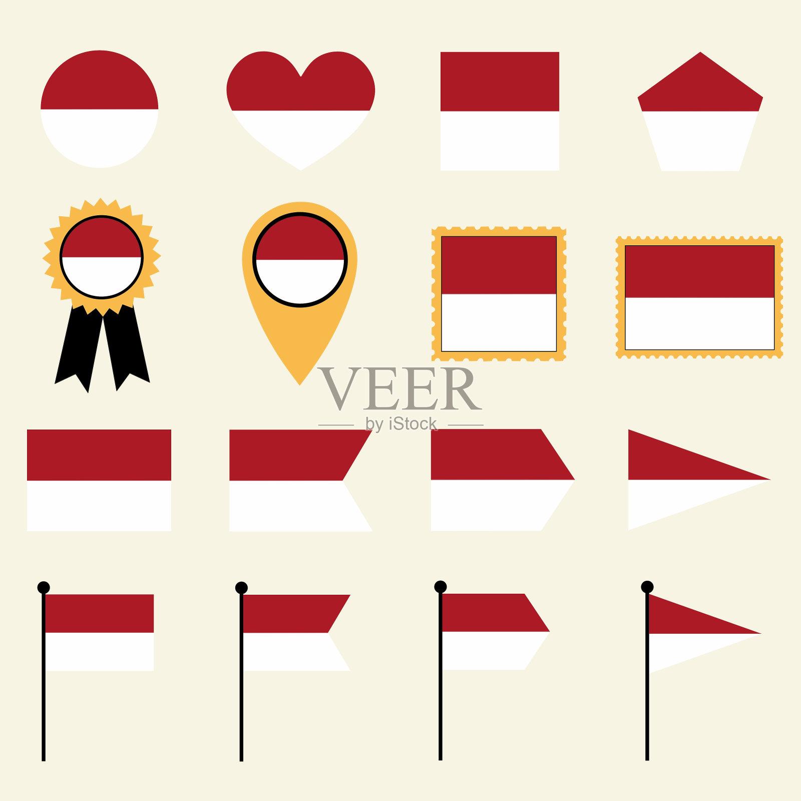 印度尼西亚国旗图标集16种形状版本。插画图片素材
