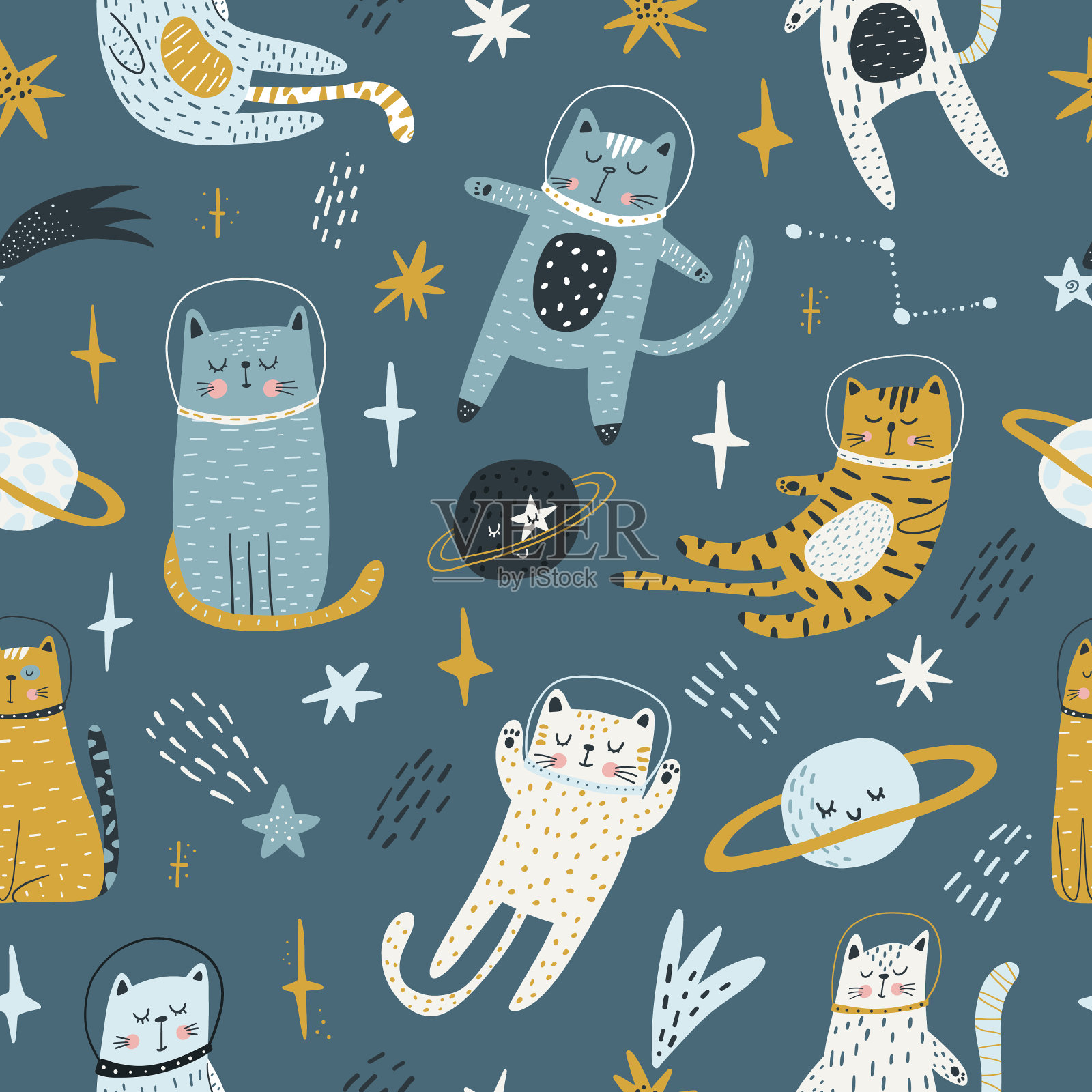 天衣无缝的孩子图案和太空中的猫宇航员。时髦的五颜六色的斯堪的纳维亚风格。创造性的斯堪的纳维亚婴儿织物，包裹，纺织品，墙纸，衣服纹理。矢量插图。插画图片素材