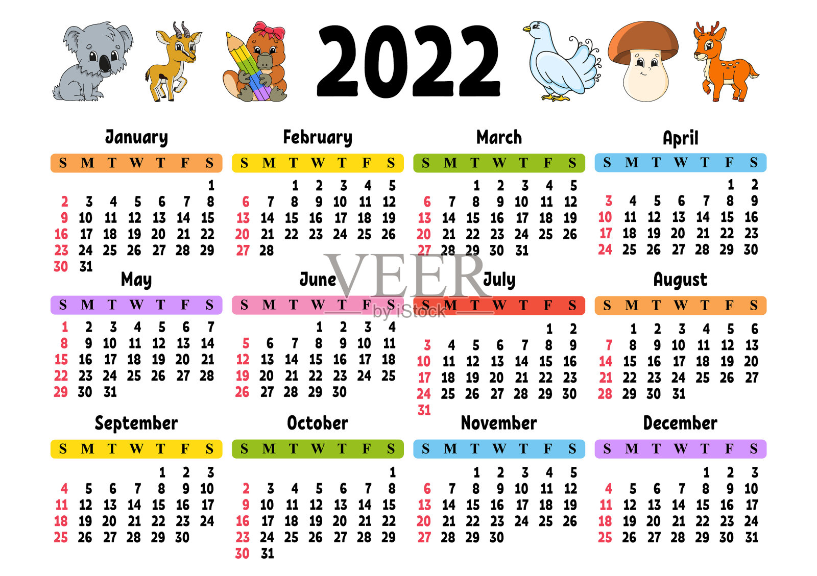 2022年的日历，可爱的角色有趣和插画图片素材