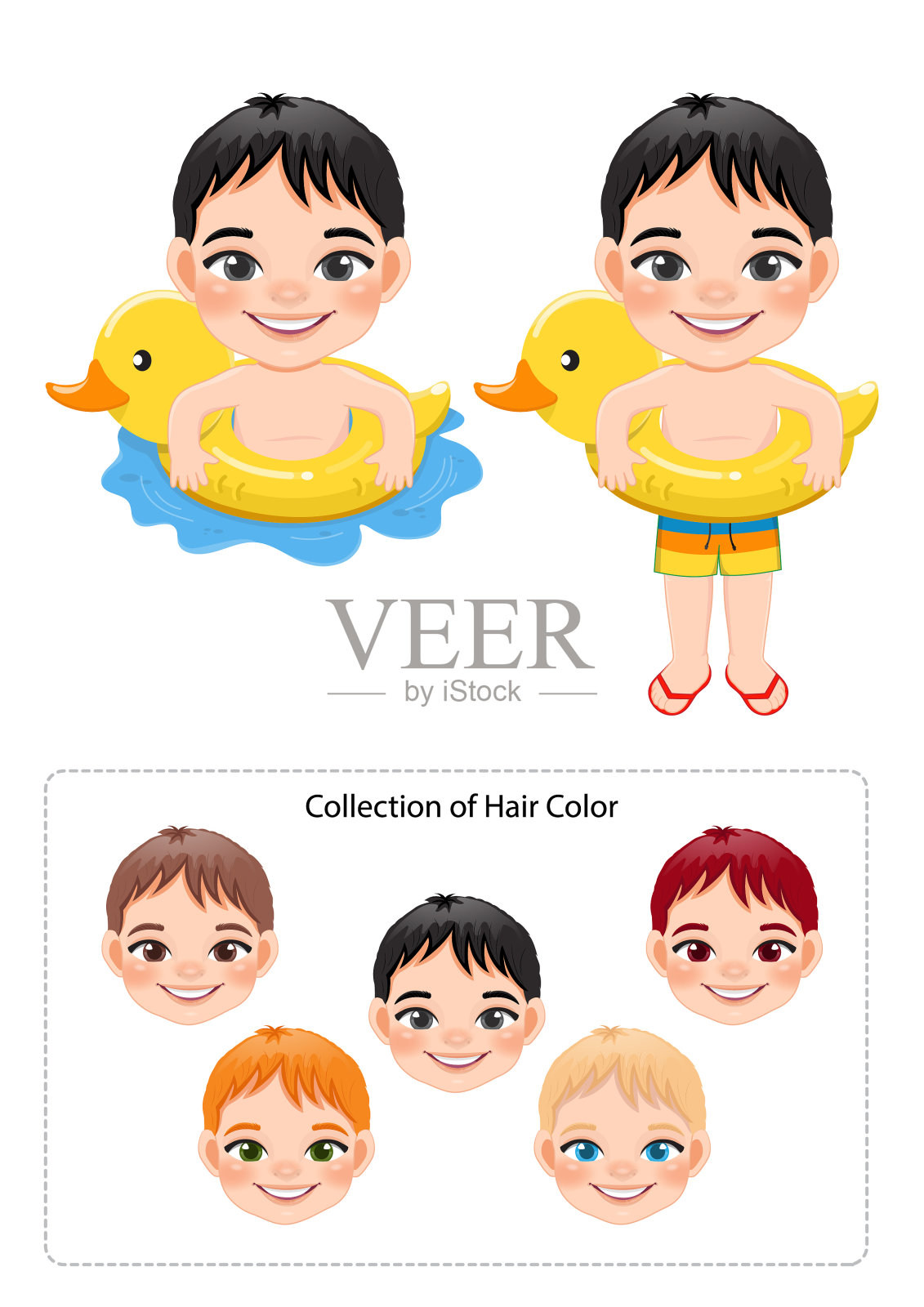 夏天男孩在鸭子充气环卡通矢量插画图片素材