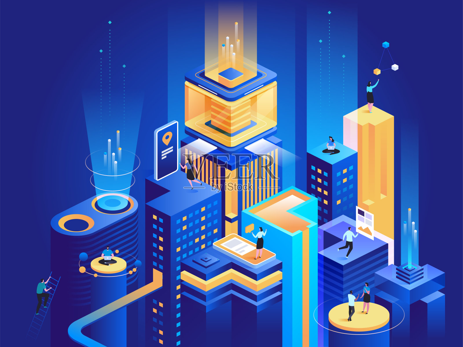 智能商务平台等距图解插画图片素材
