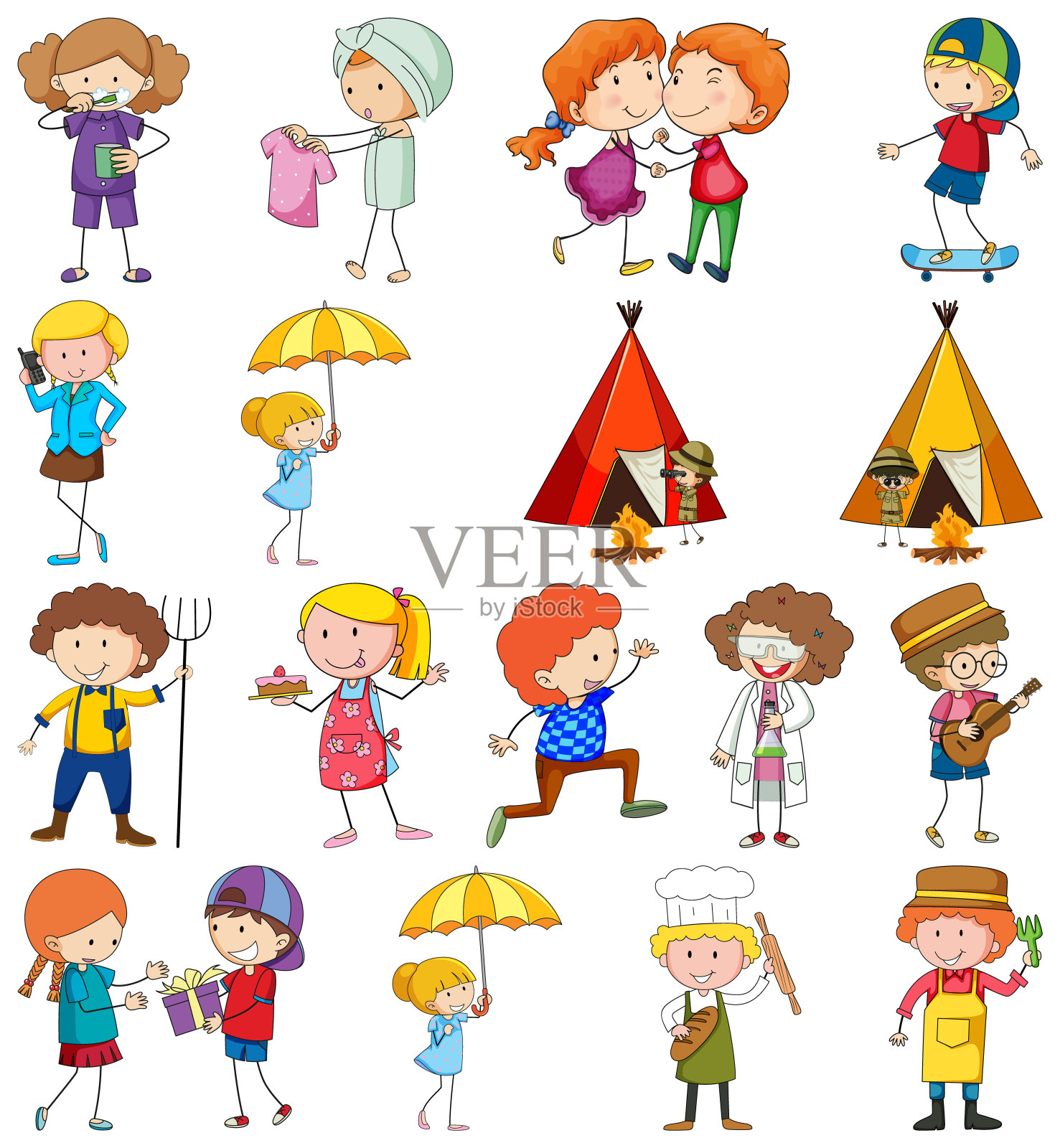 一套不同的涂鸦儿童卡通人物设计元素图片