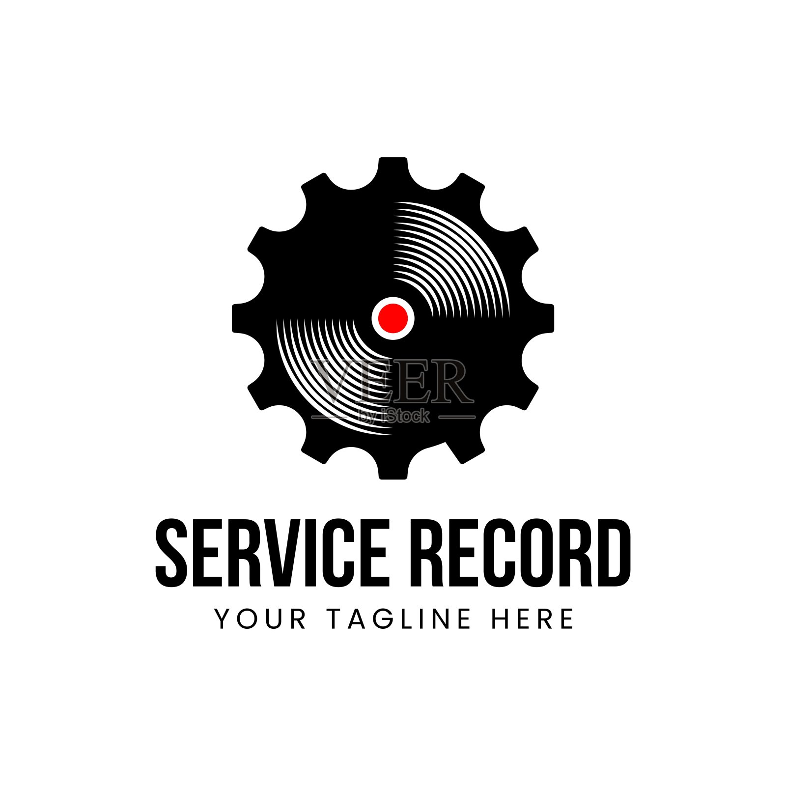 矢量乙烯基和齿轮标志的组合。记录和机械符号或图标。独特的音乐专辑和工业标志设计模板。插画图片素材