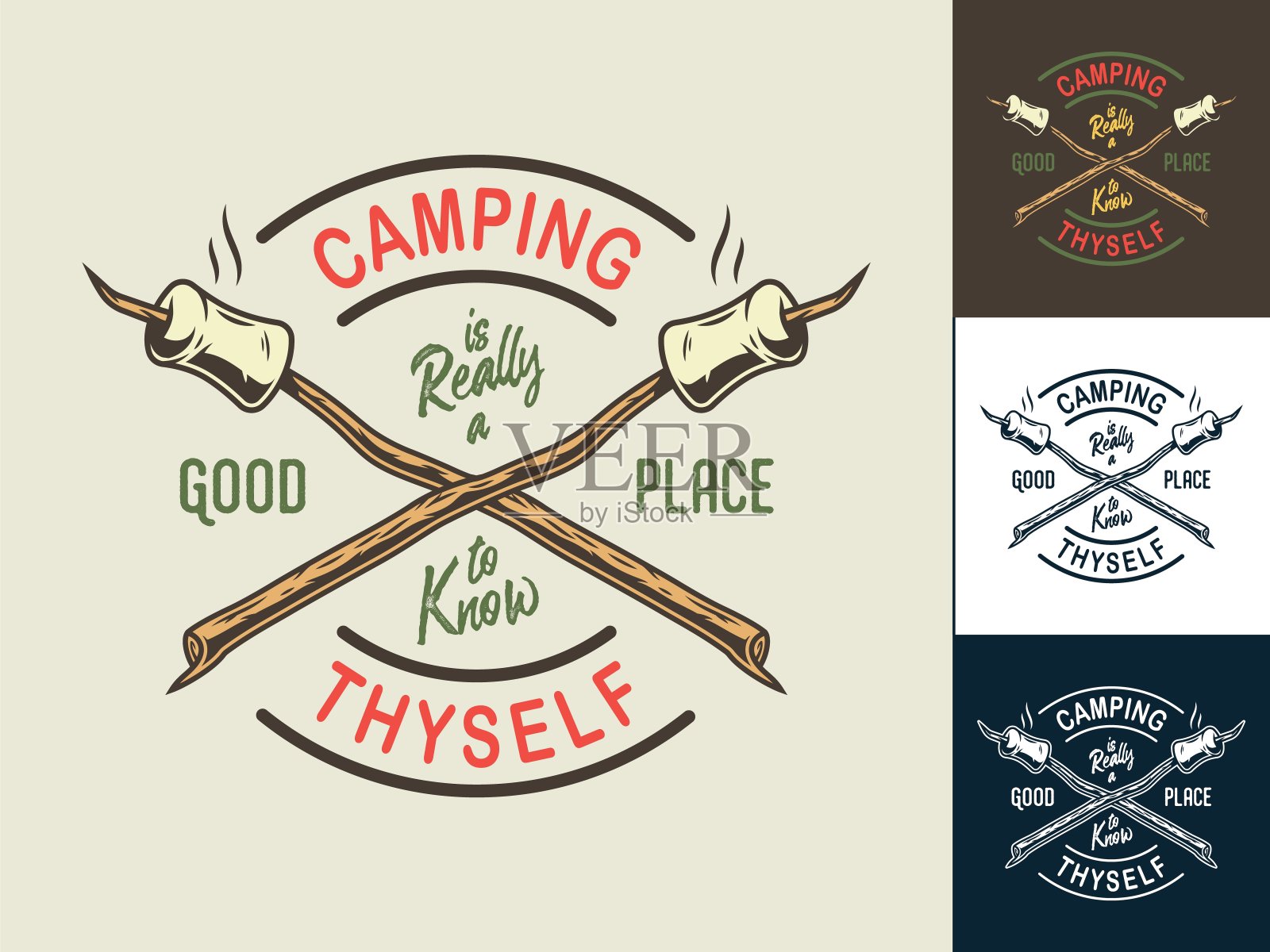 户外露营用的棉花糖印花套装插画图片素材