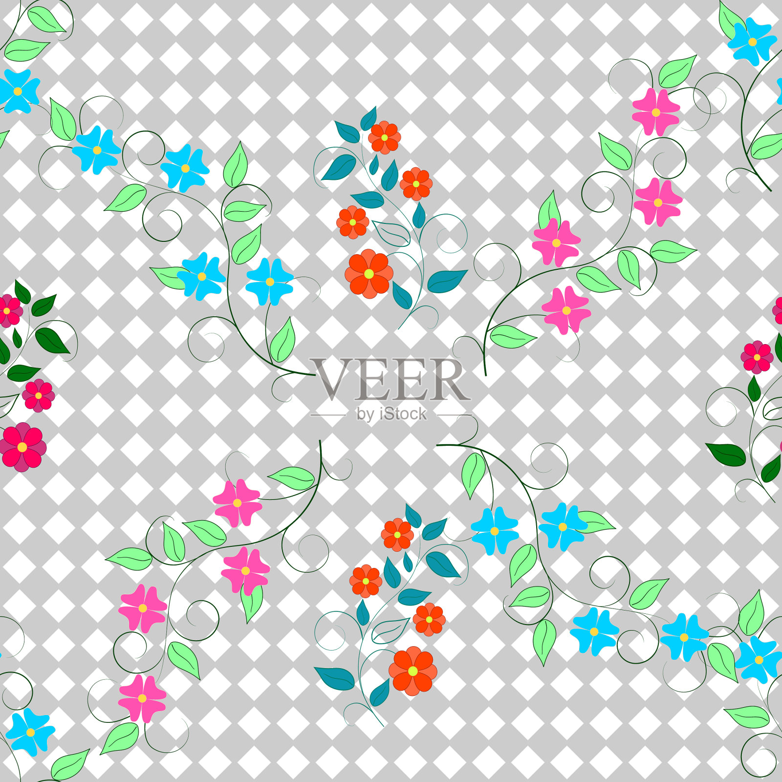 蓝色和橙色的花在灰色的方块上插画图片素材