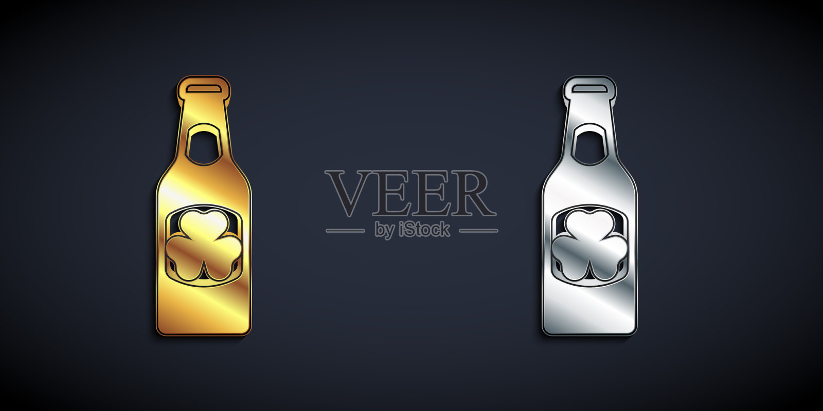 金银啤酒瓶配三叶草插画图片素材