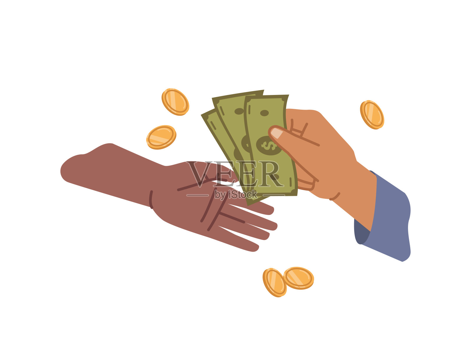用现金、钞票和硬币、美元支付，孤立的手给予和接受。金融业务和交易。慈善和两个人的交易。矢量在平面风格的插图设计元素图片