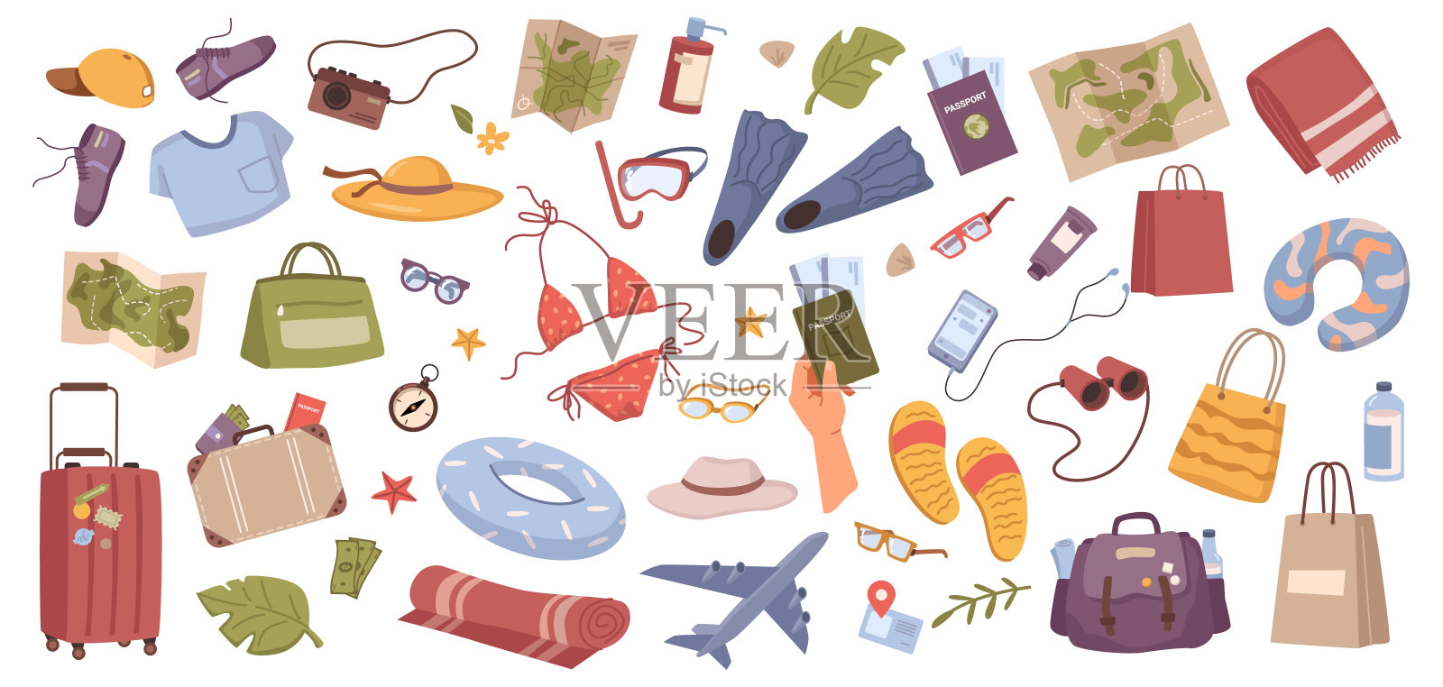 旅游收藏品、独立相机、地图、旅行所需服饰等。睡觉和露营用的行李和枕头、帽子和毛巾、包和垫子。矢量旅游设置在平面风格插画图片素材