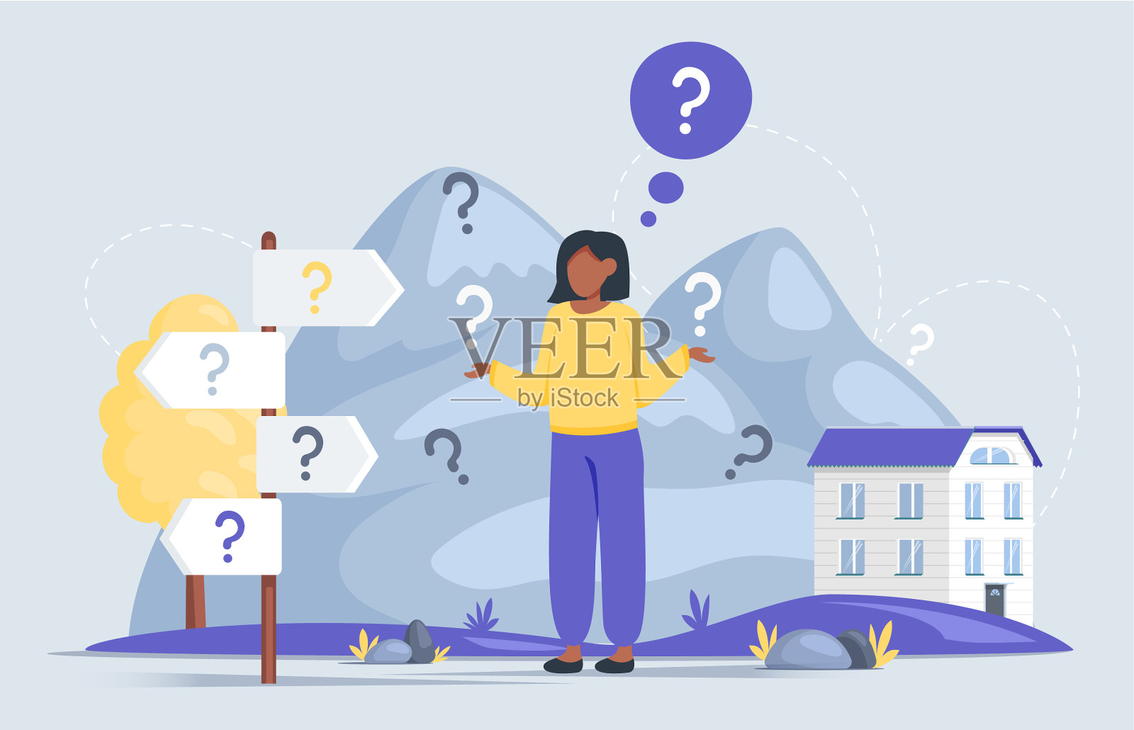 女人做决定时看着问号插画图片素材