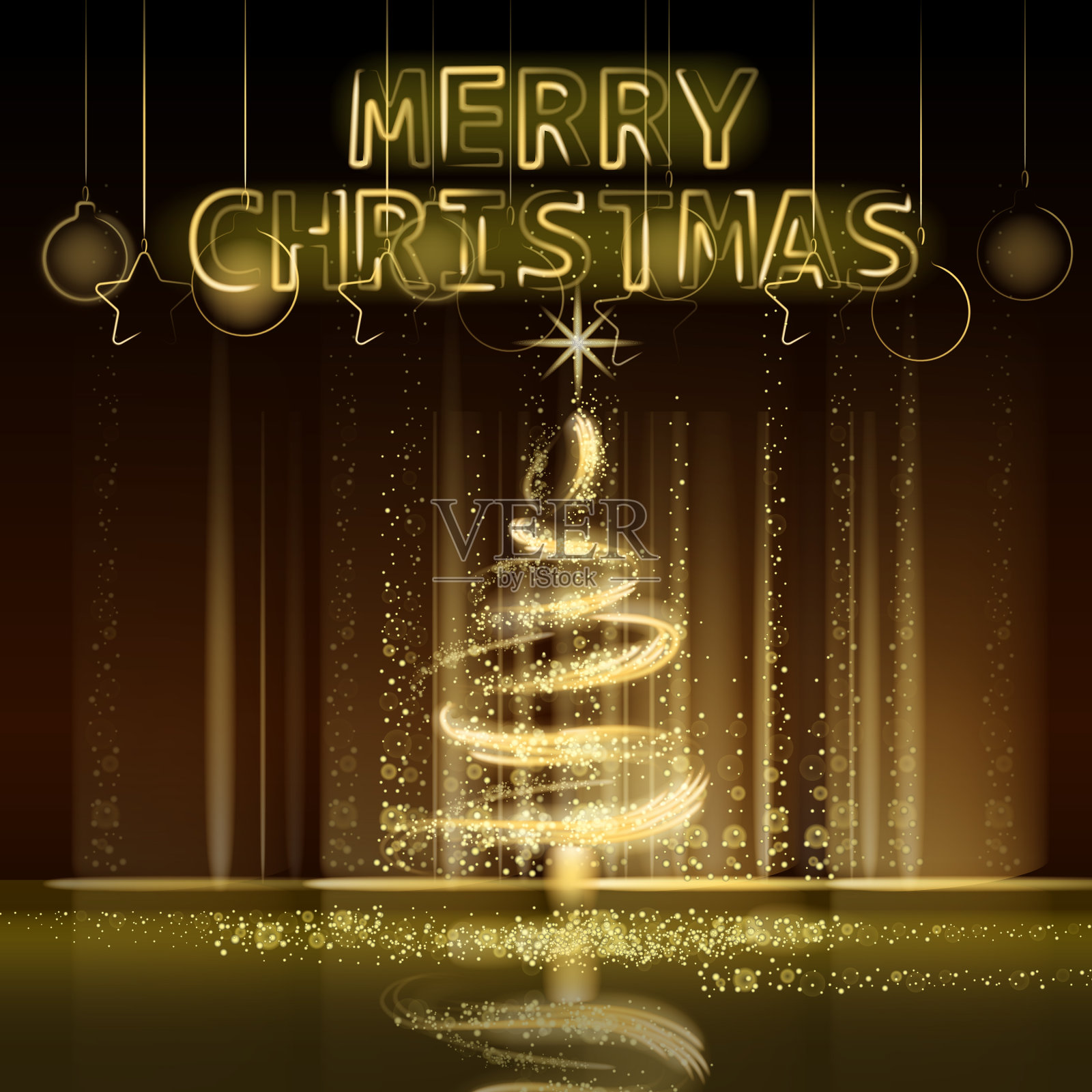 圣诞树金色的灯灰尘装饰金色插画图片素材