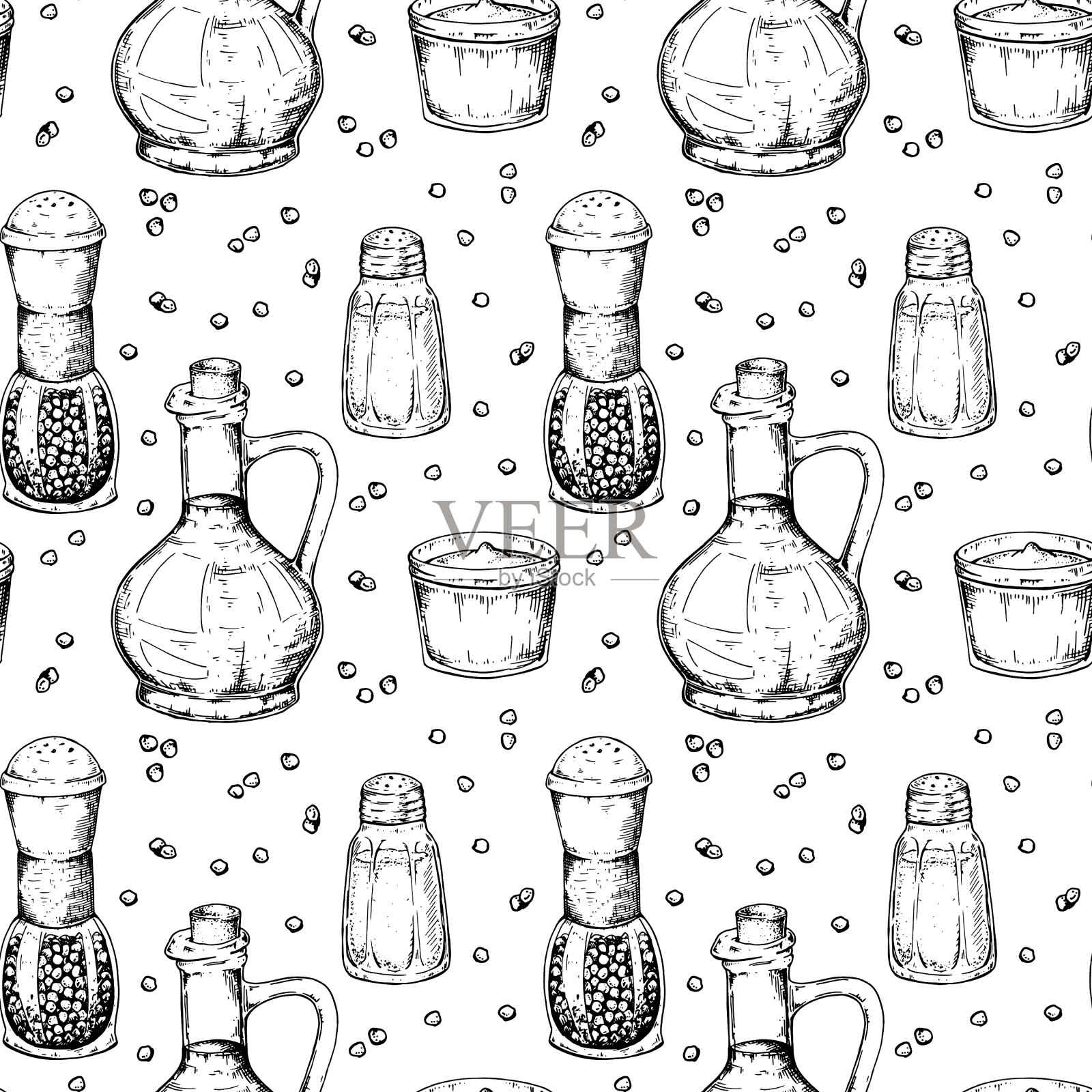 手绘调味料无缝图案在素描插画图片素材