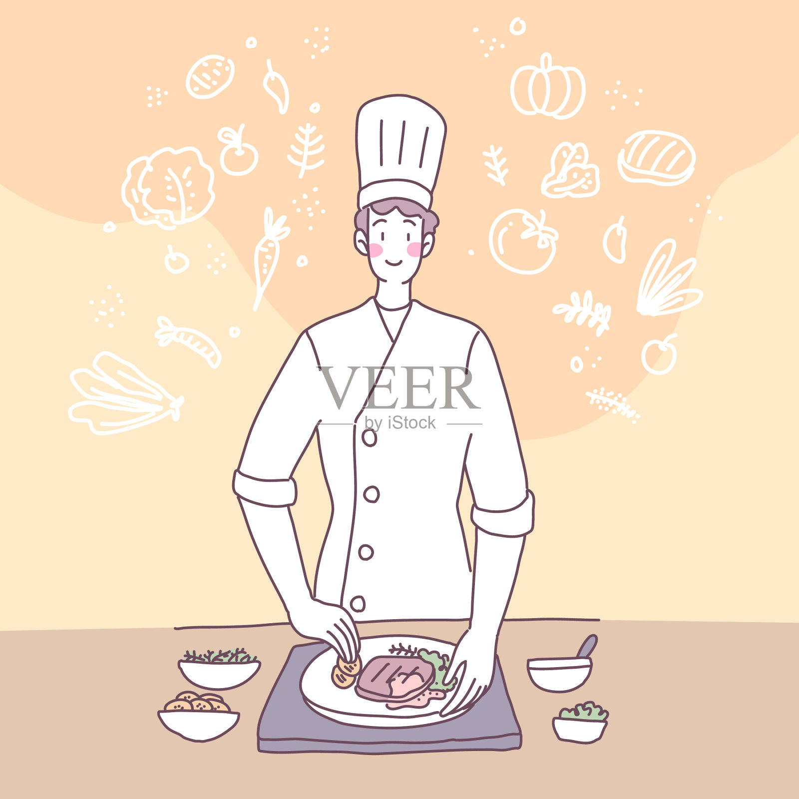 跟一个在厨房做饭的人扯平插画图片素材