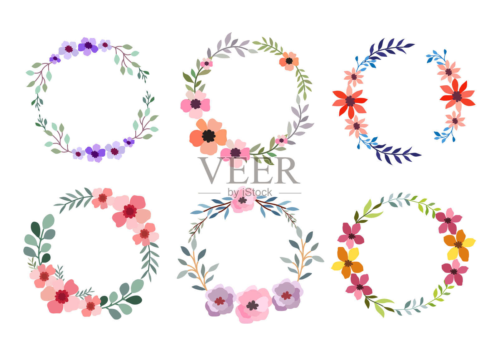 一套六水彩花框架上的白色插画图片素材