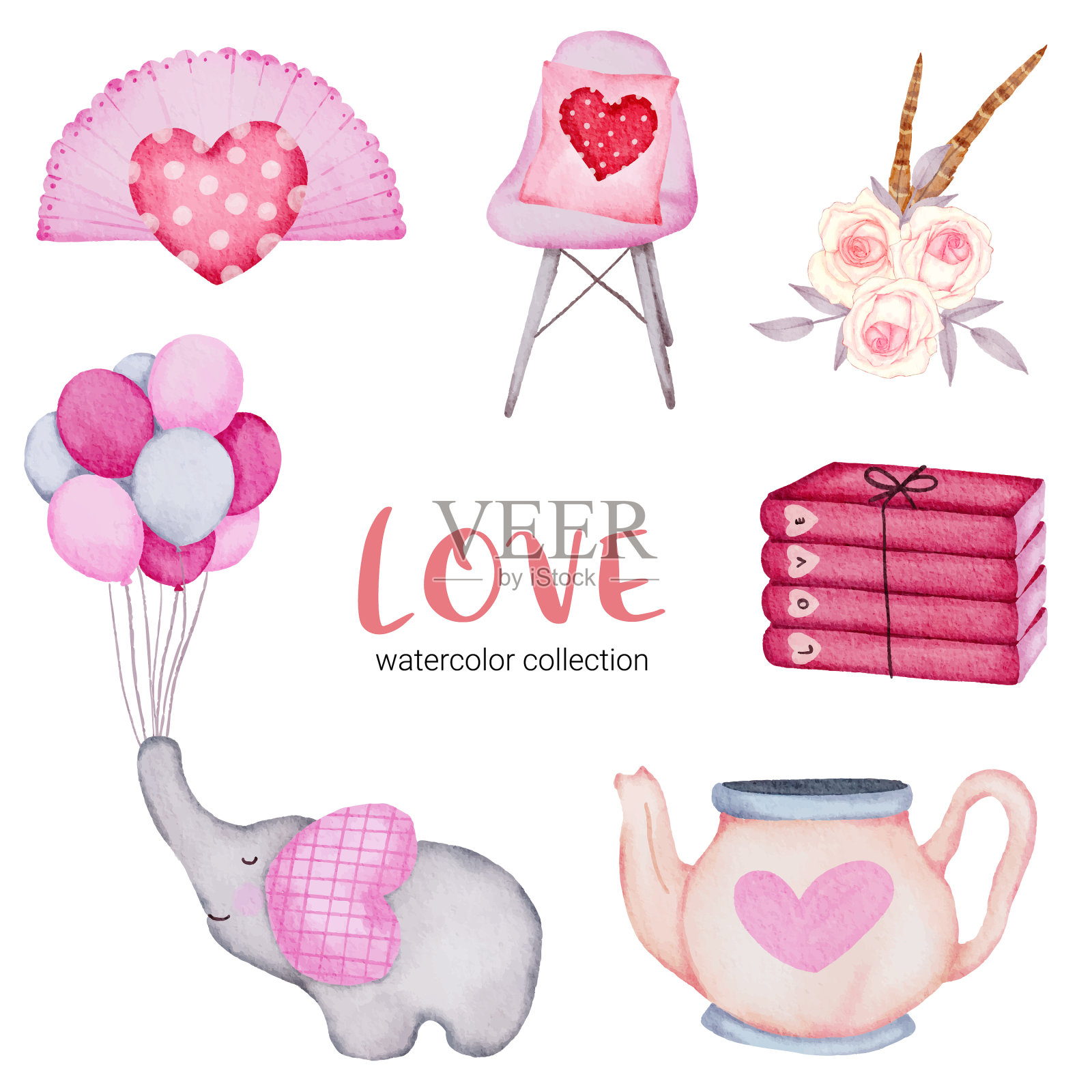 套大孤立水彩情人节概念插画图片素材