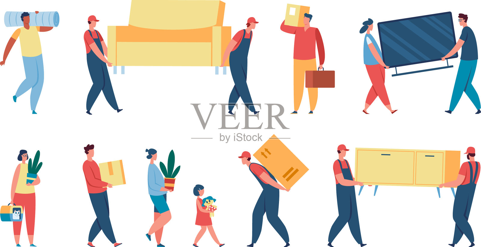 搬运箱子和杂物的人插画图片素材