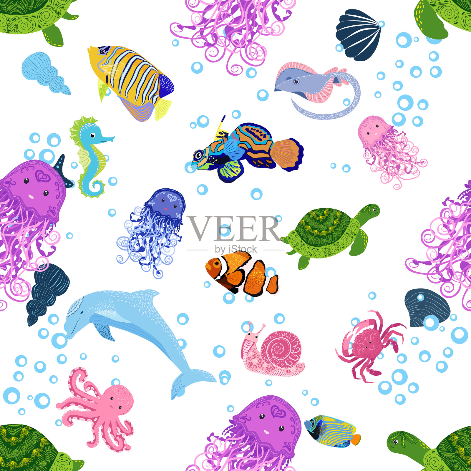 海洋生命鱼动物明亮无缝图案插画图片素材