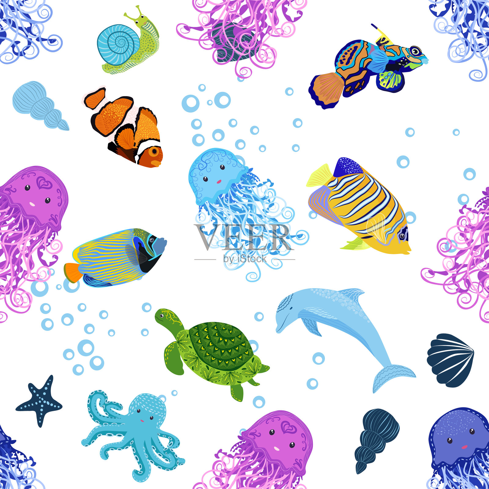 海洋生命鱼动物明亮无缝图案插画图片素材
