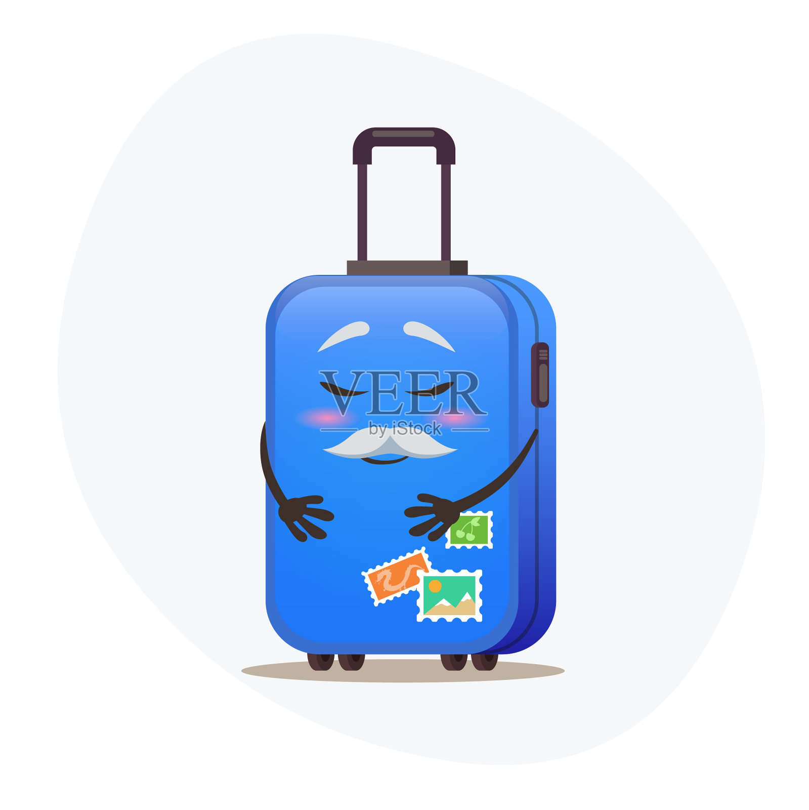 带着轮子和邮戳的困惑的蓝色行李箱图标素材