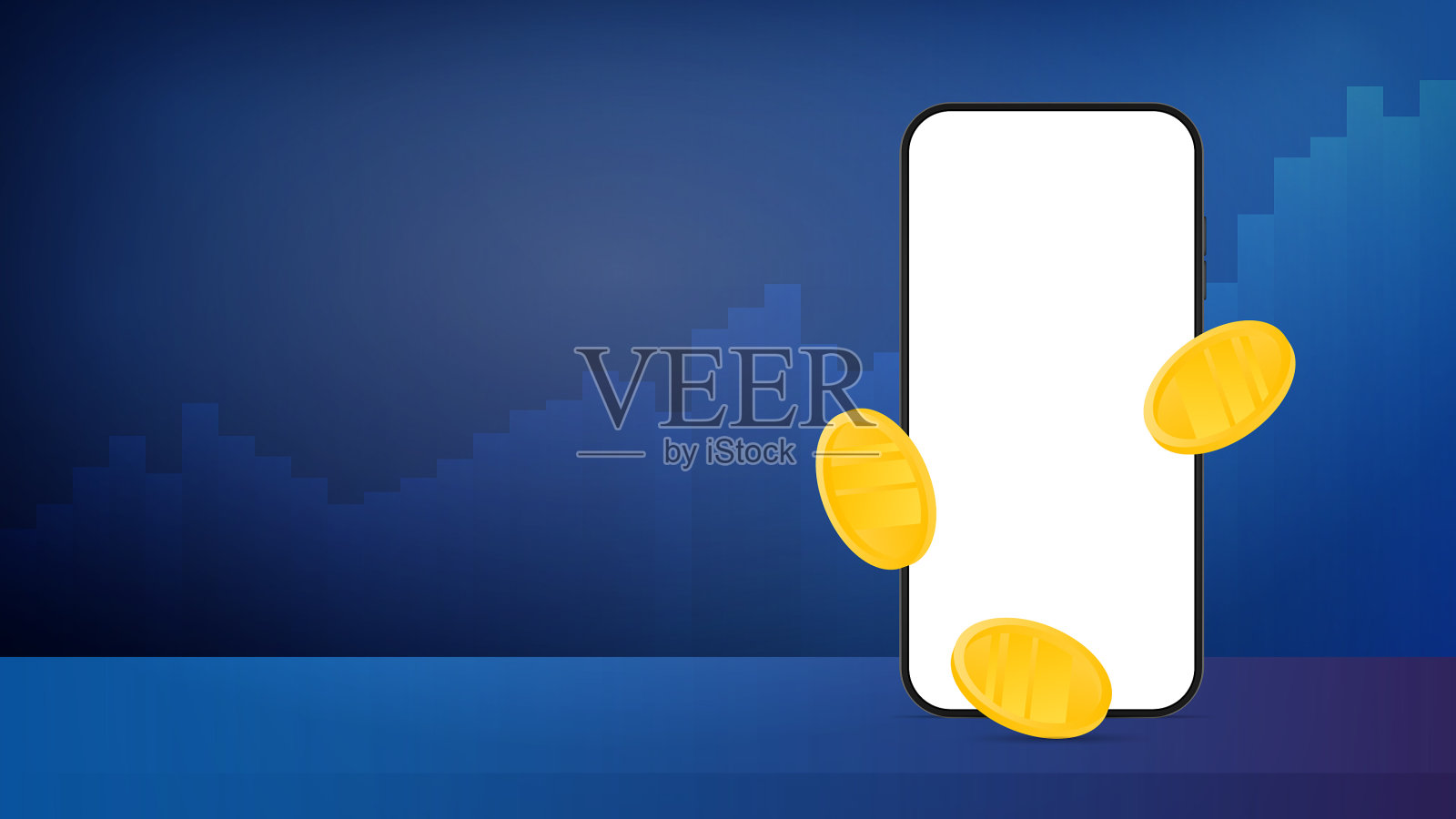 金色的硬币落在白色屏幕的手机上插画图片素材