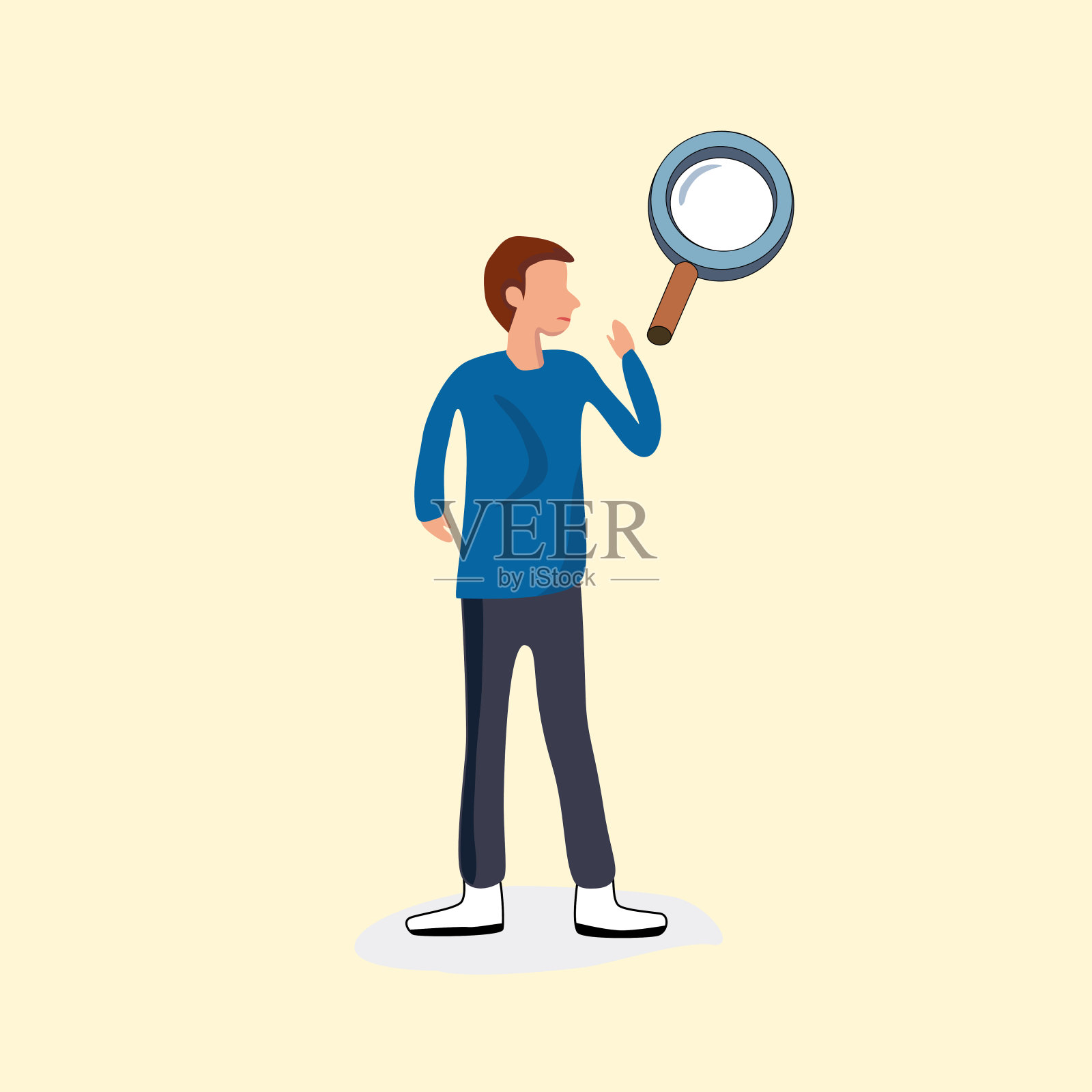 一个拿着放大镜的年轻人。 矢量图插画图片素材
