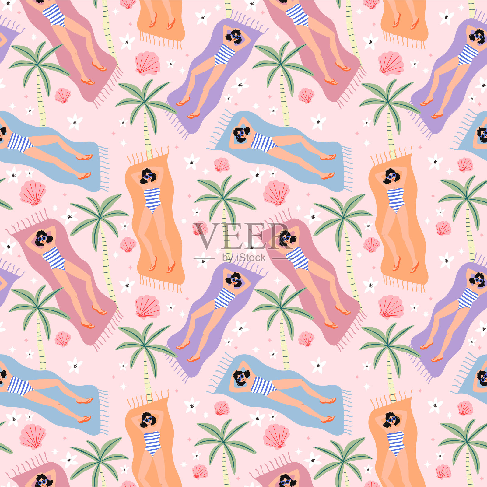 可爱的女孩晒日光浴的海滩无缝模式。有时尚女孩，棕榈树和贝壳的背景。插画图片素材