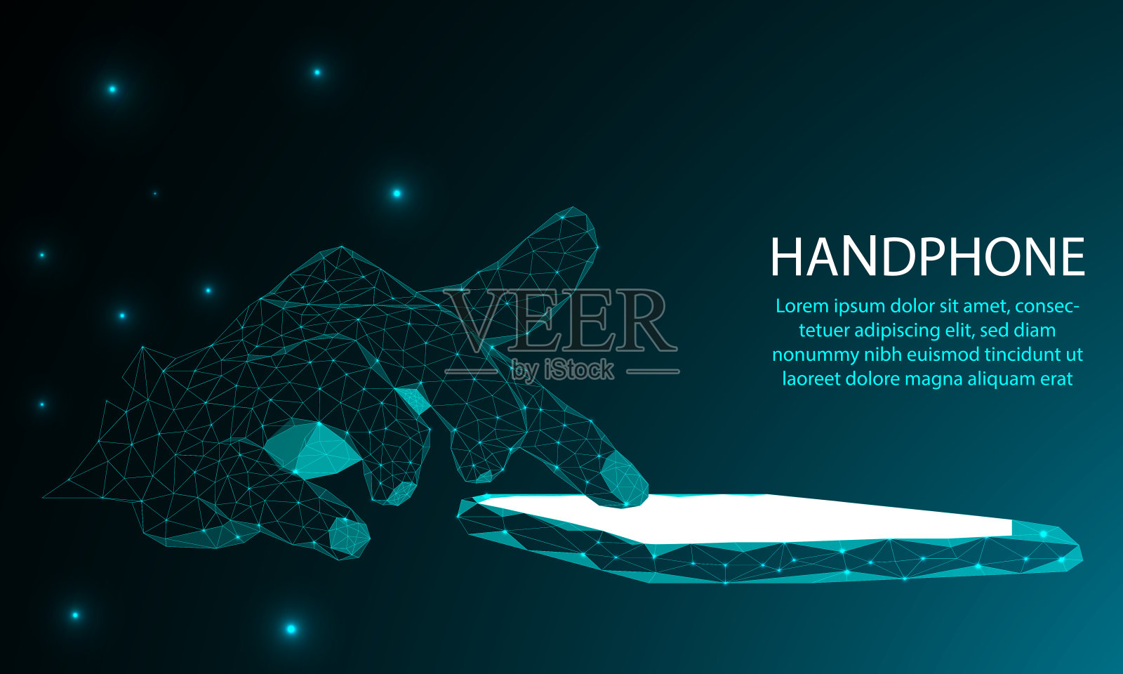 手机抽象多边形轮廓手机特写与白色黑屏在人类握手和手指深蓝色背景插图的概念，通信，应用程序，智能手机。插画图片素材