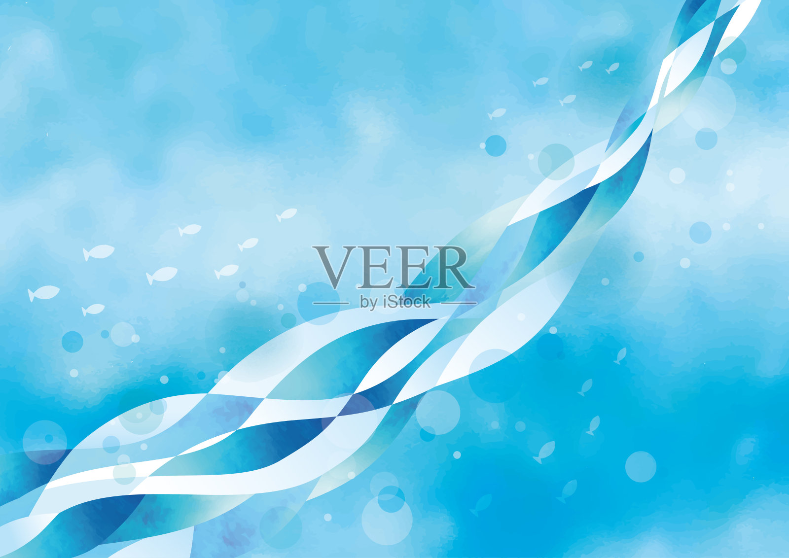 美丽的波浪和鱼在海洋水彩画插画图片素材