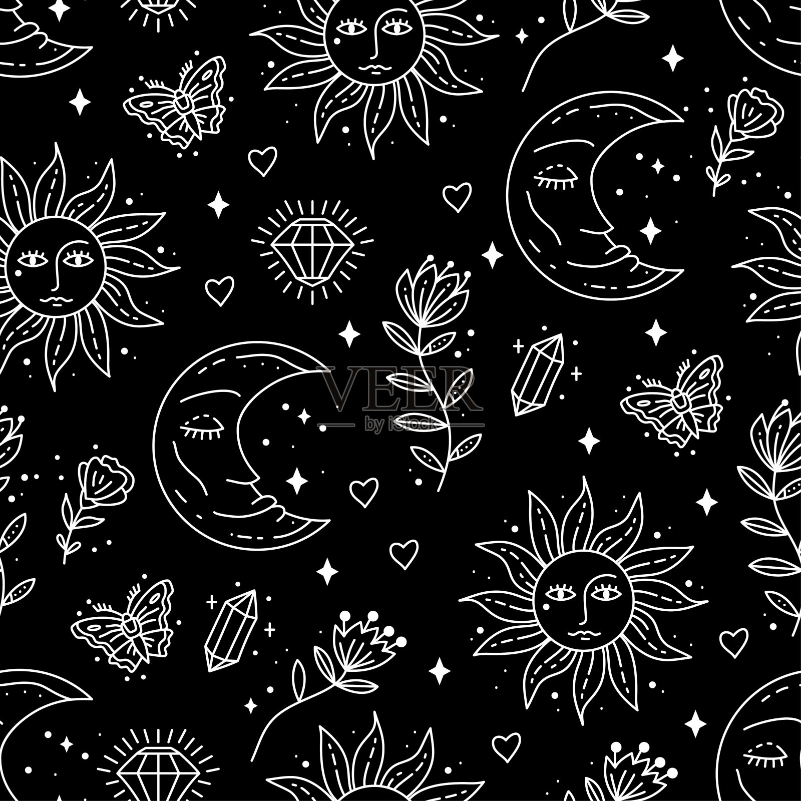 神奇的波西米亚符号无缝图案。吉普赛神圣元素的背景插画图片素材