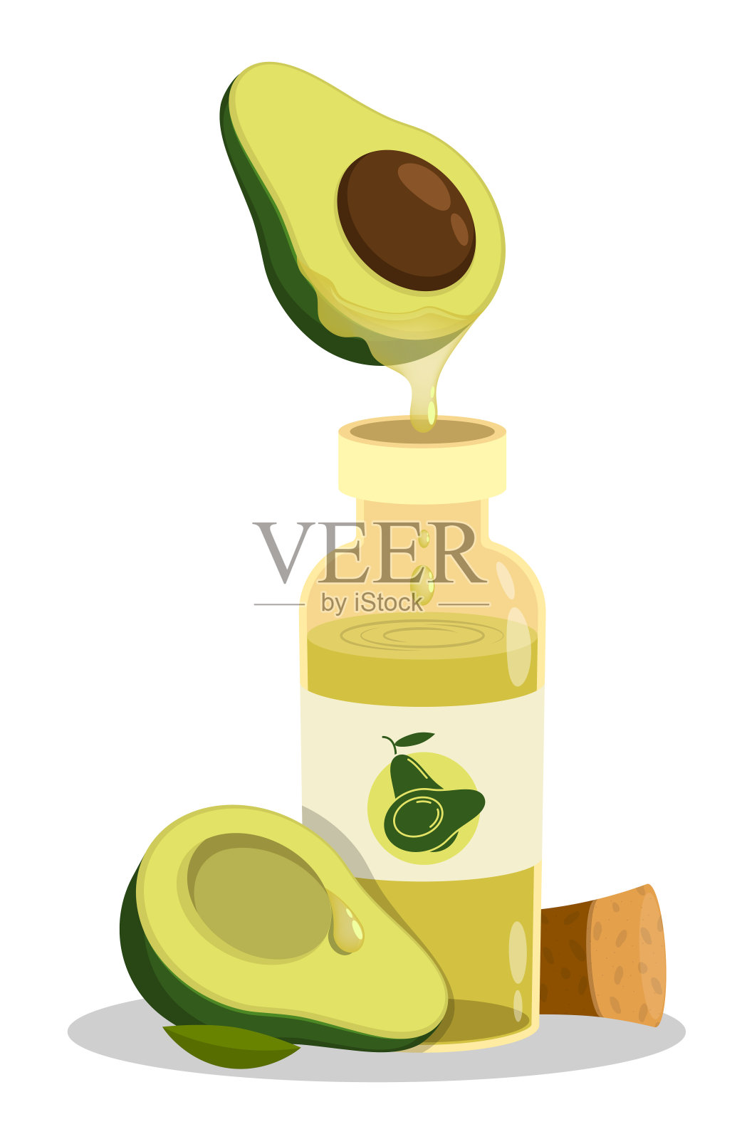 玻璃瓶化妆牛油果油。用于美容手术的天然油脂。卡通矢量孤立在白色背景插画图片素材