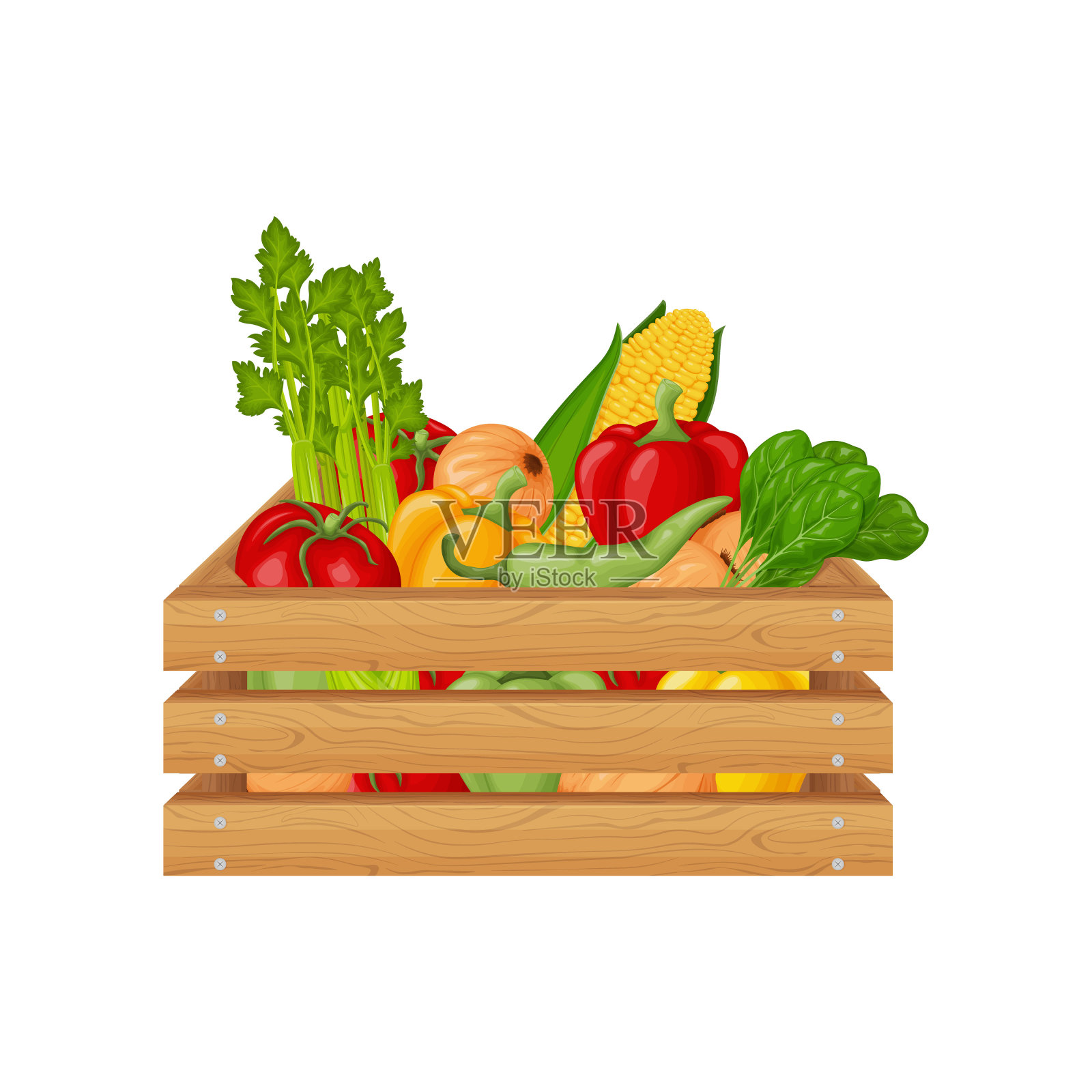 一盒蔬菜，如西红柿，辣椒，洋葱，玉米，芹菜和香草。有蔬菜的木箱子。菜园里的有机食品。向量插画图片素材