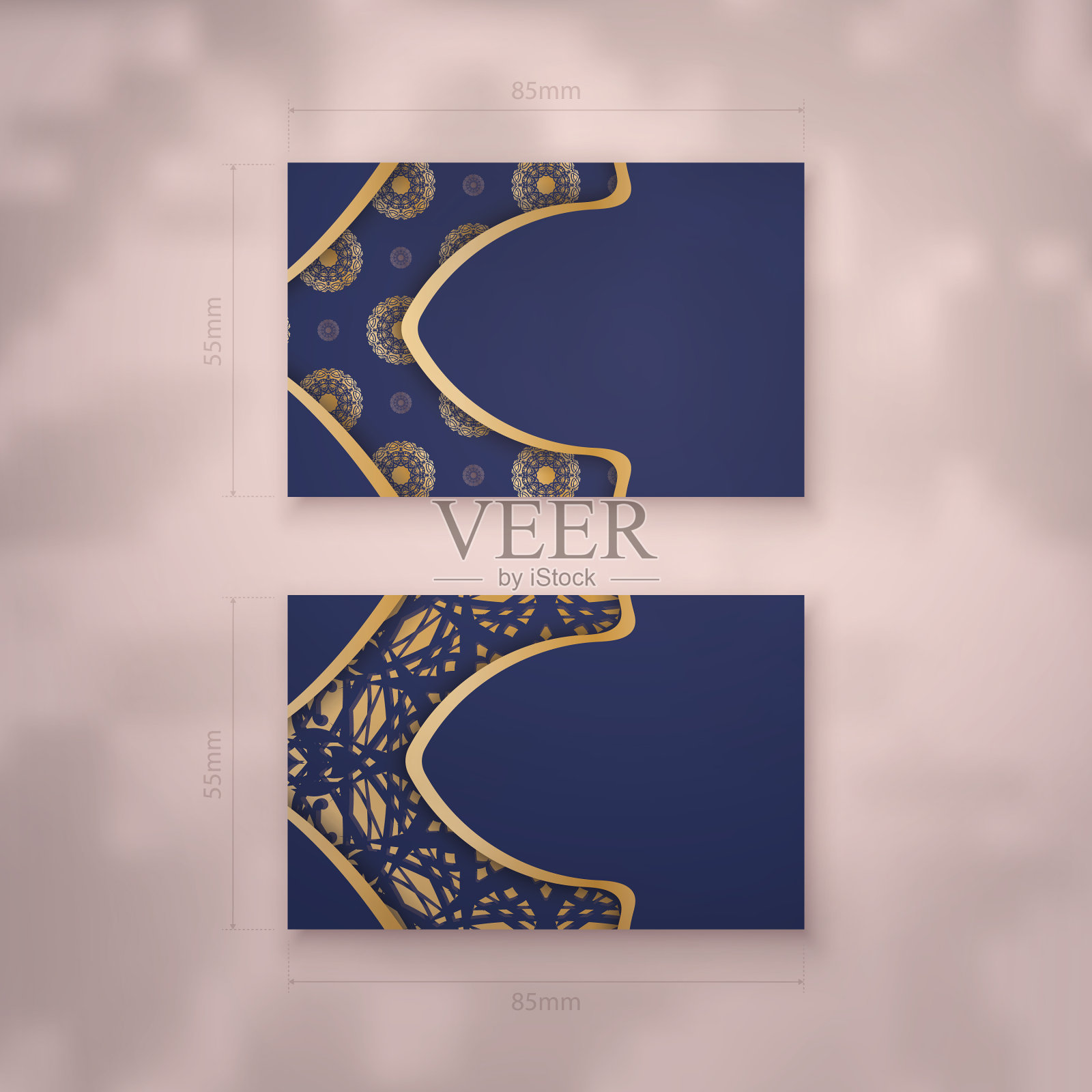 深蓝色的名片与复古的黄金图案插画图片素材