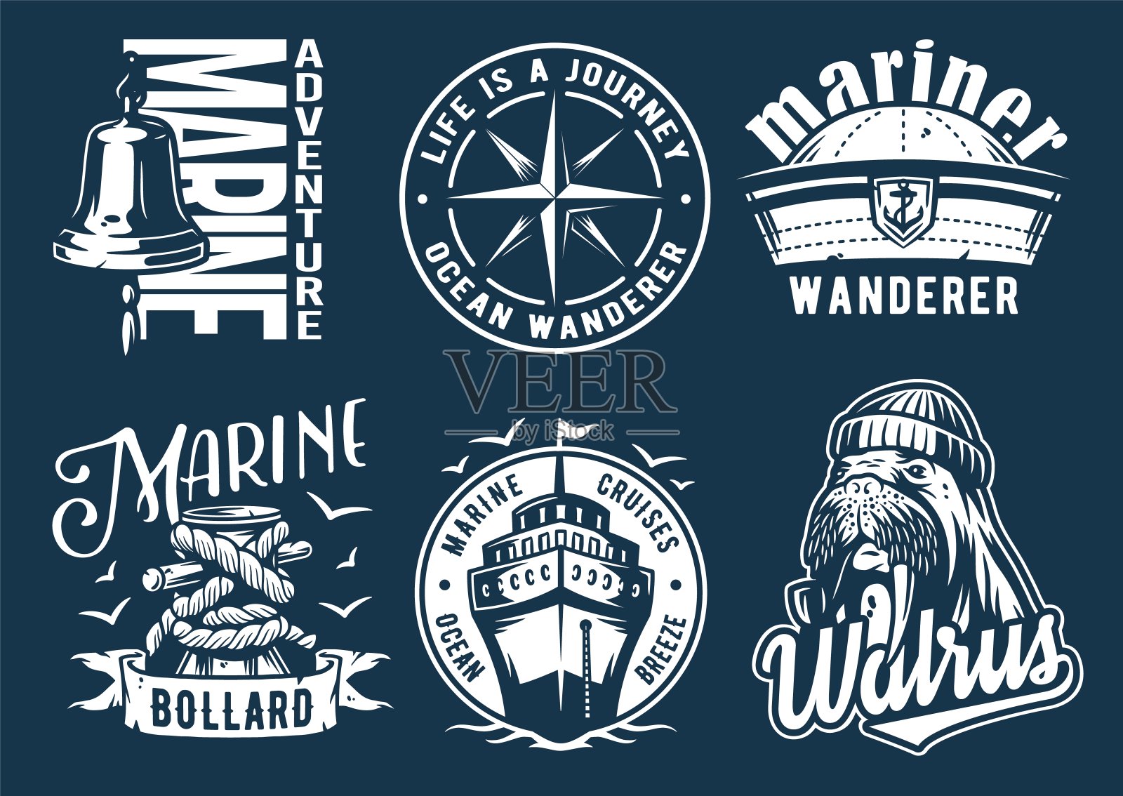 海洋印花套装，邮轮，海象和系桩插画图片素材