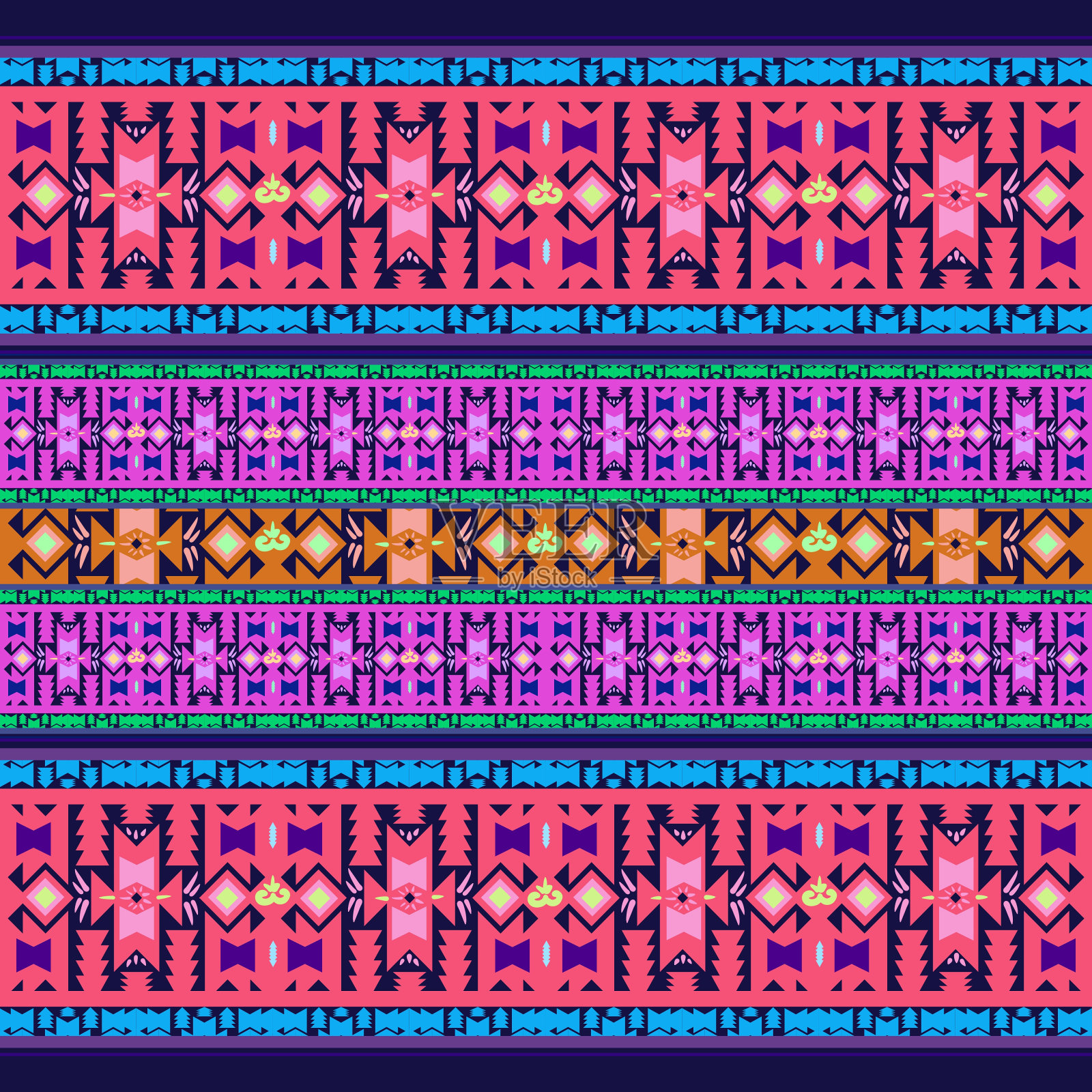 伊卡特几何民俗装饰。部落民族结构。阿兹特克风格的无缝条纹图案。图部落刺绣。印度，斯堪的纳维亚，吉普赛，墨西哥，民间图案。伊卡特无缝模式。插画图片素材