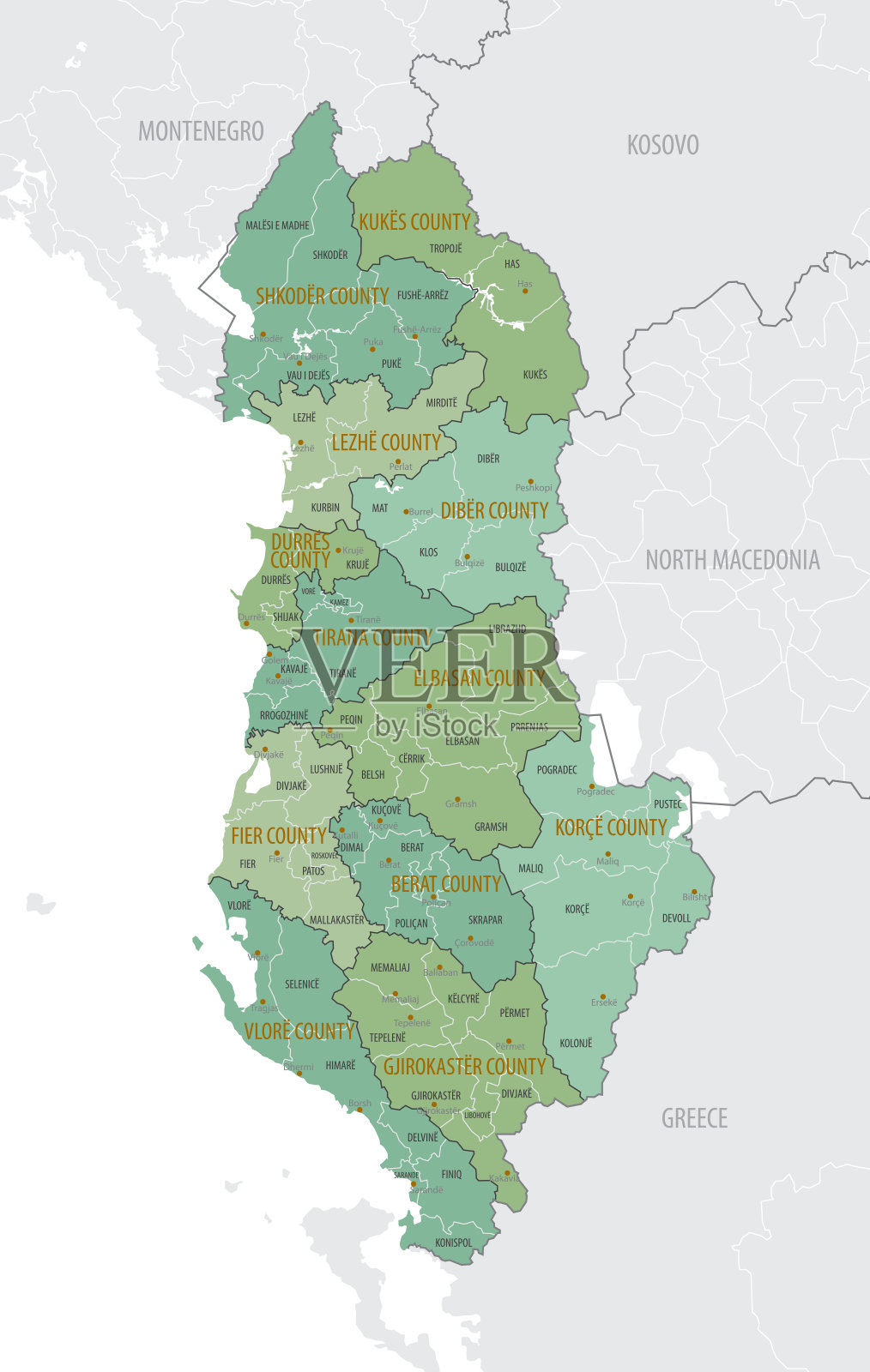 阿尔巴尼亚的详细地图，行政区划为县和市，主要城市的国家，矢量插图在白色背景插画图片素材