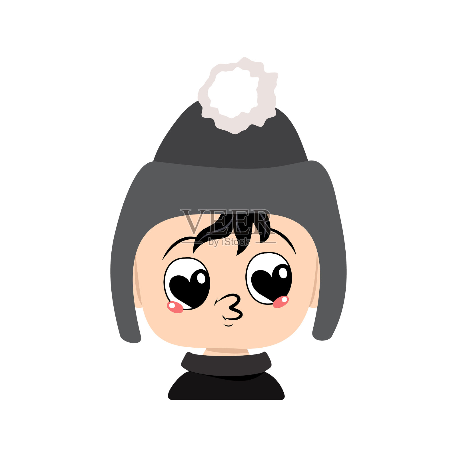 宝宝带着灰色的帽子，有着大大的心形眼睛和亲吻的嘴唇设计元素图片