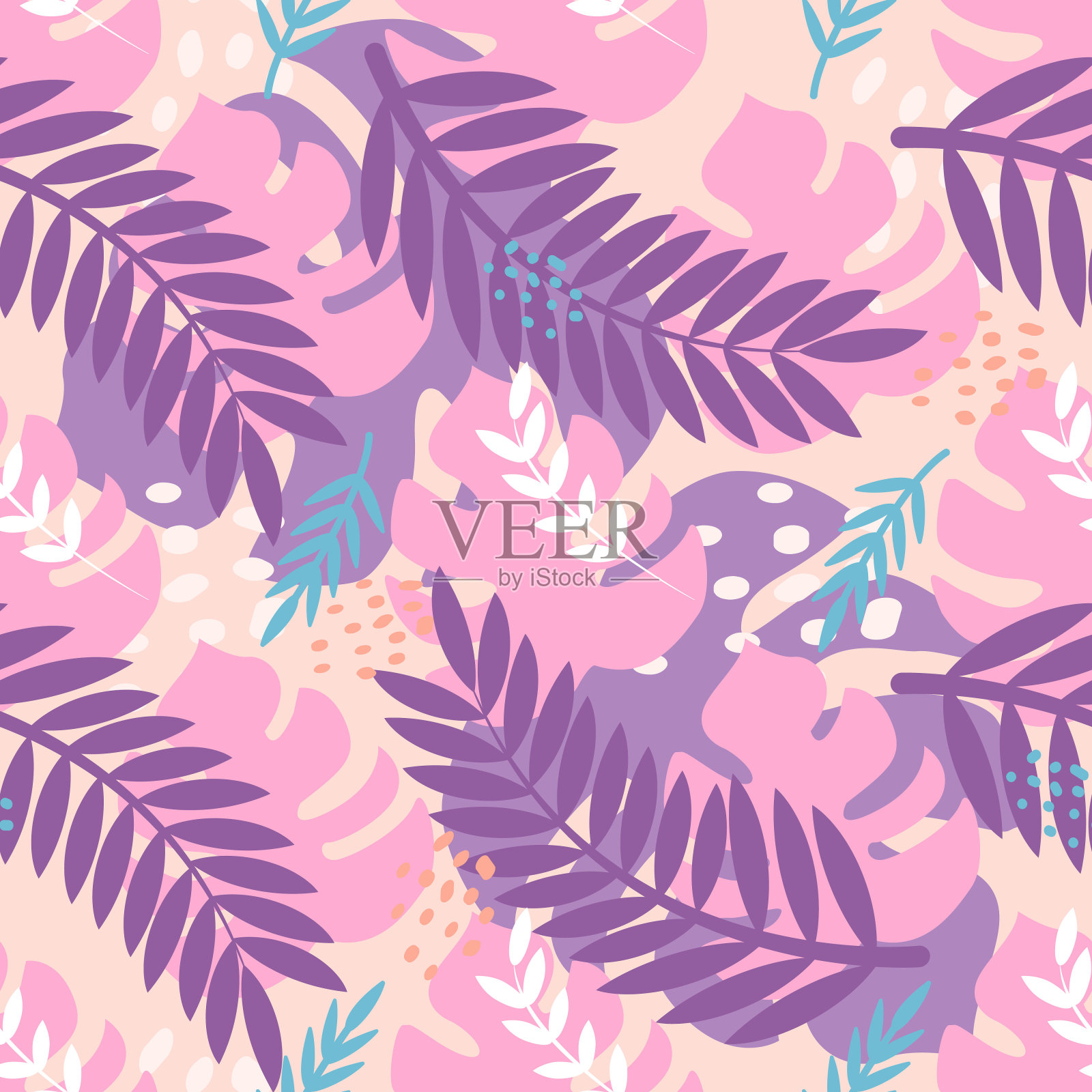 热带植物，孟氏叶，棕榈树。矢量无缝模式在平面风格插画图片素材