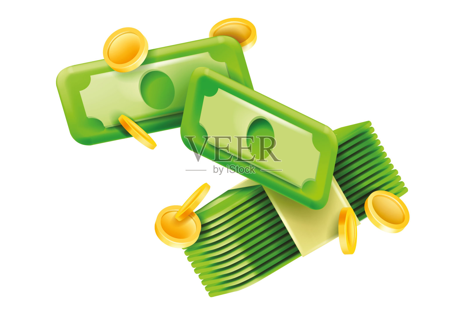 3D钞票图标，矢量美元钞票插图，金融卡通钞票剪贴画，飞天金币。插画图片素材