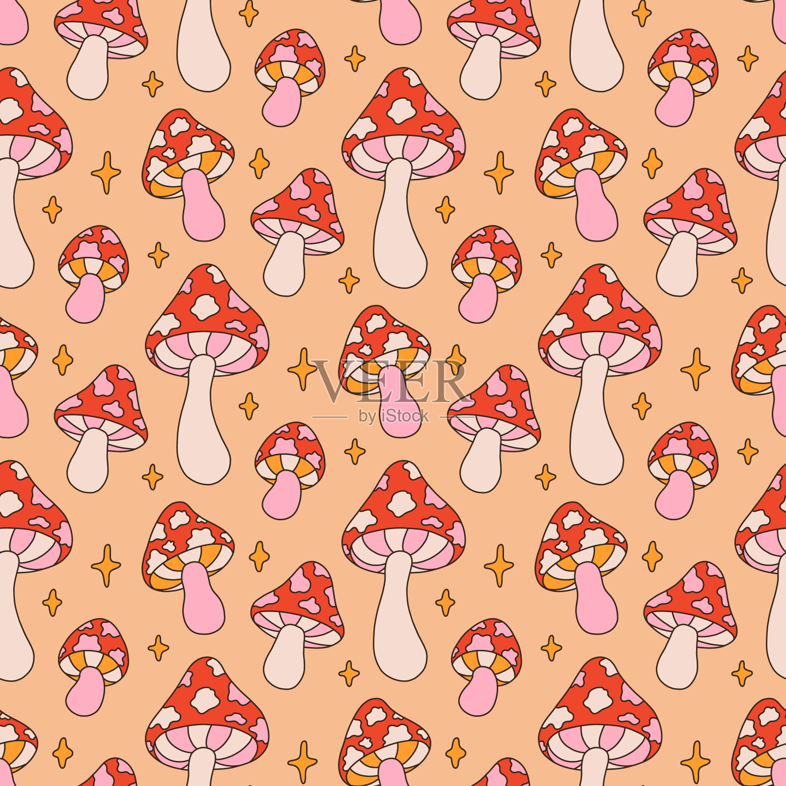 复古的无缝模式。蘑菇和星星的纺织品设计。嬉皮印花，暖色调。复古风格60年代70年代。矢量插图。插画图片素材