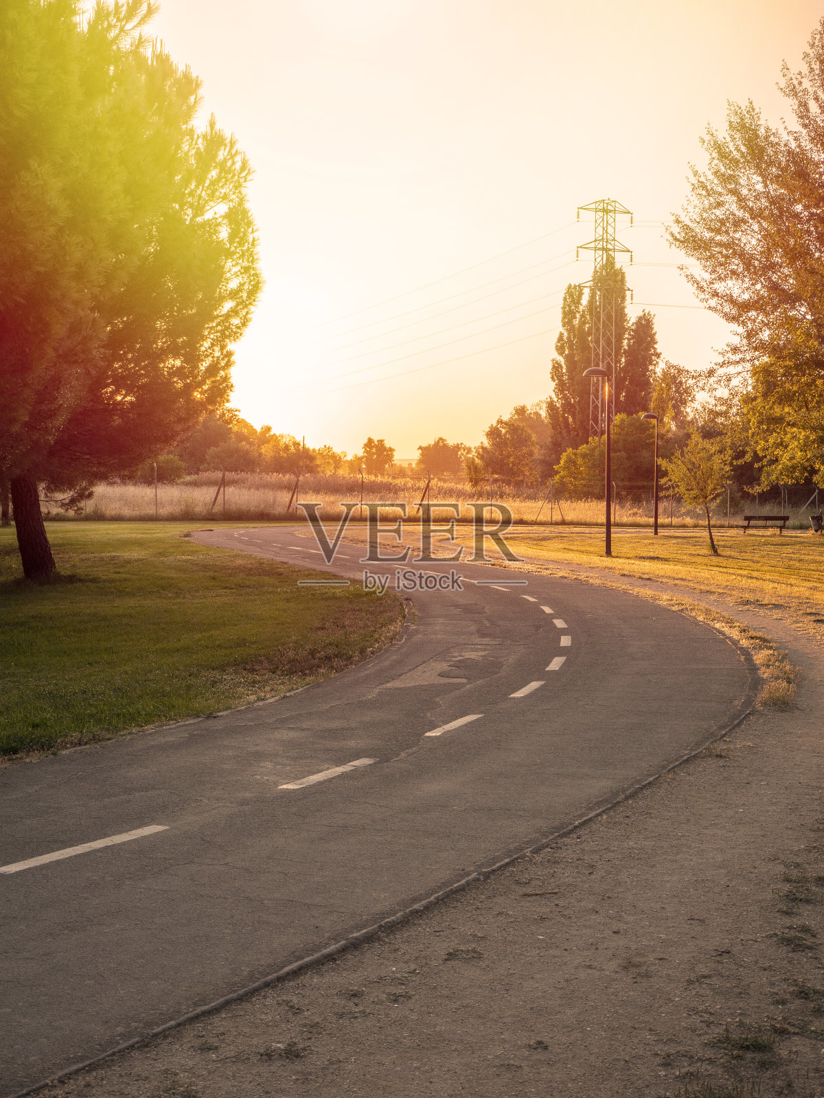 夏天日出时在公园的跑道上跑步。照片摄影图片