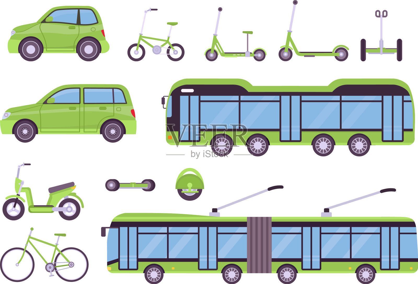 平面生态交通电动公交车滑板车插画图片素材