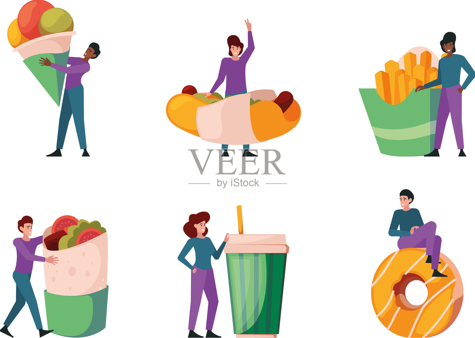 吃快餐的人喜欢吃垃圾食品插画图片素材