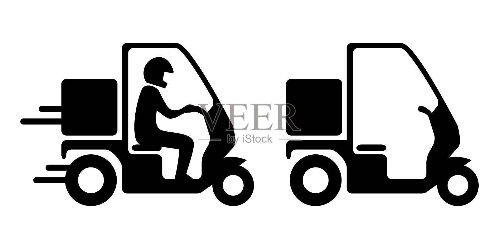 送货员的矢量图标黑色和白色的材料，送快递在摩托车上的高速插画图片素材