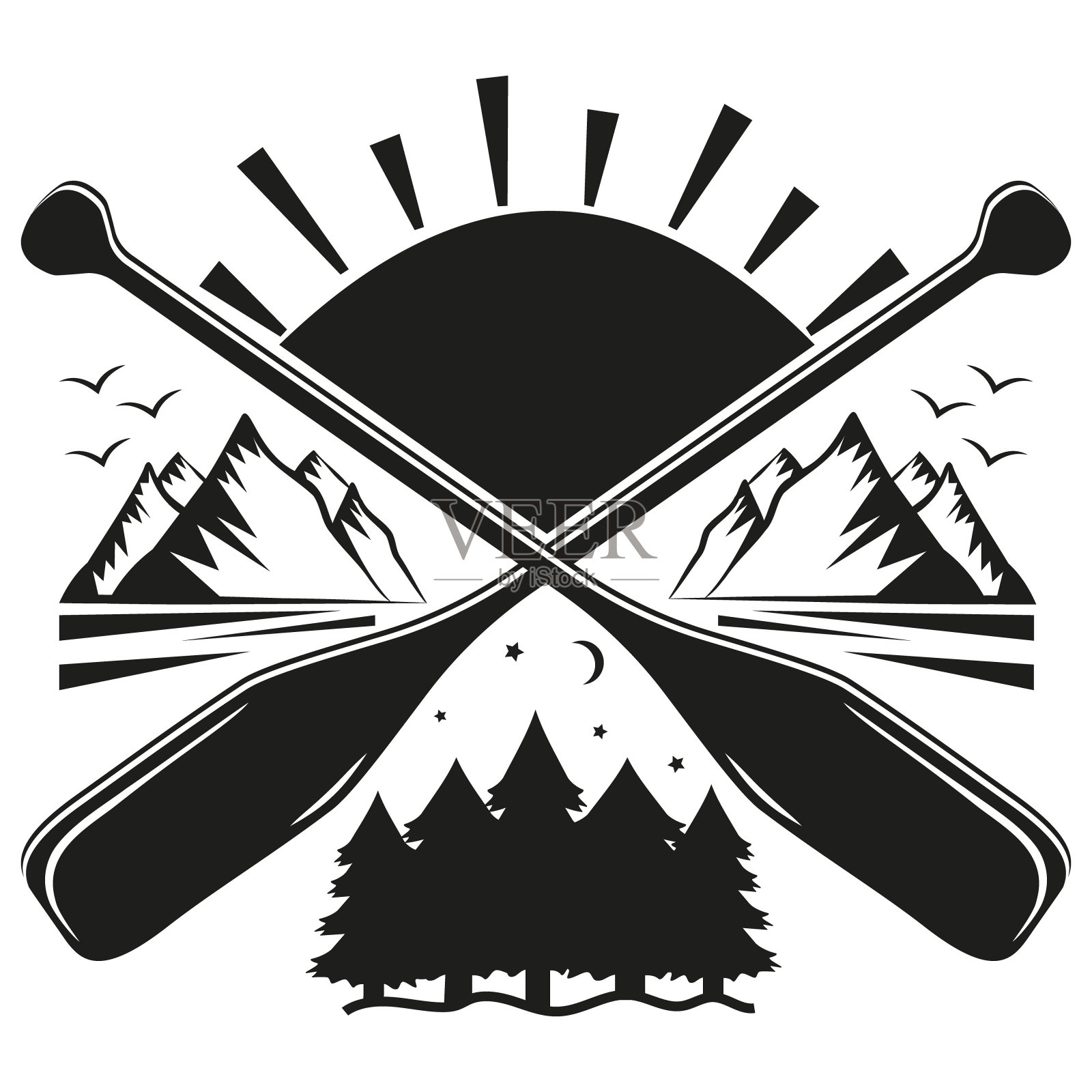 会徽、标签标志以旅游、休闲、户外垂钓为主题，矢量插画全景插画图片素材